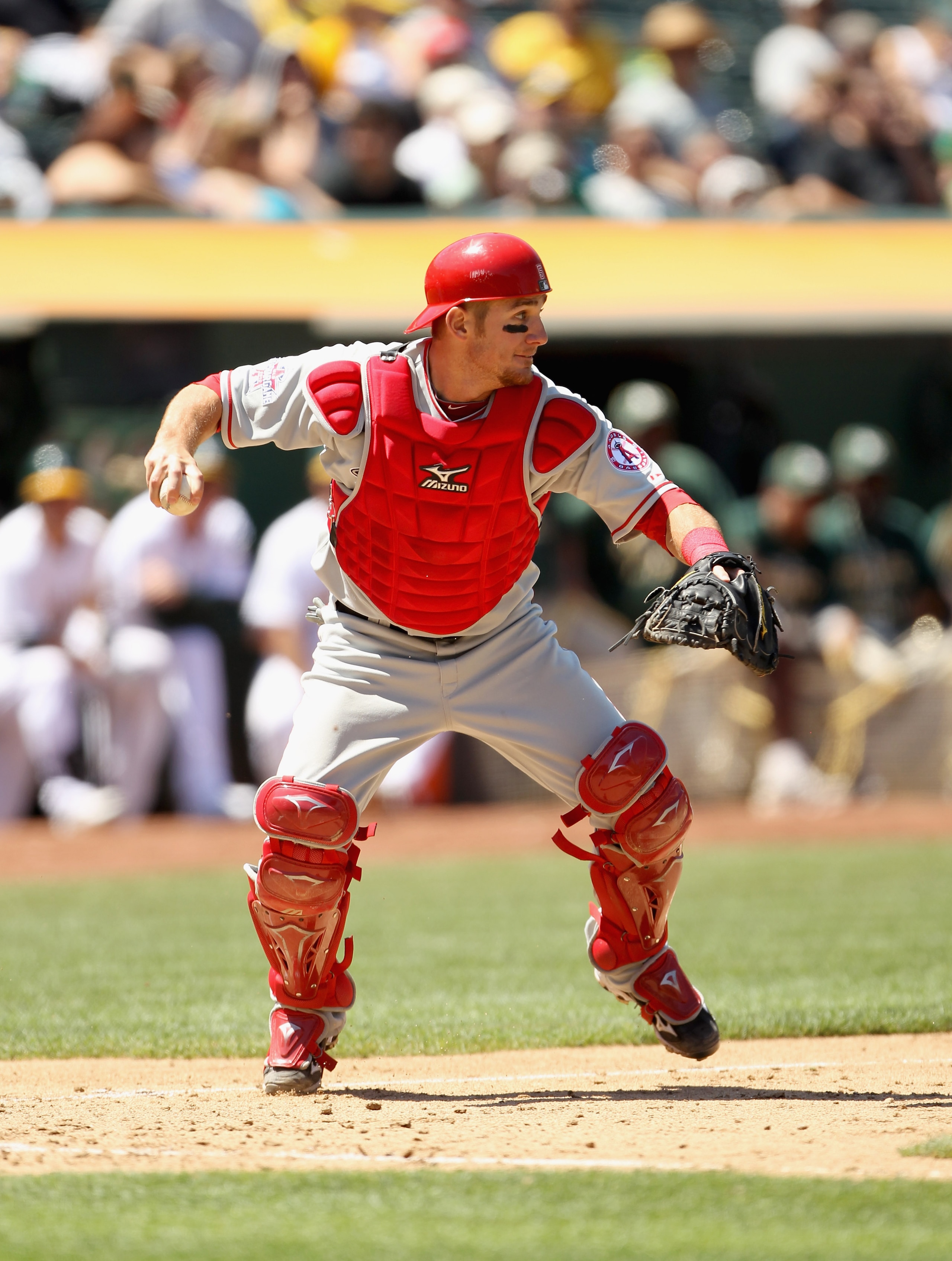 OAKLAND, CA - JULY 11:  Jeff Mathis #5 of the Los Angeles Angels of Anaheim in action during their game against the Oakland Athletics at the Oakland-Alameda County Coliseum on July 11, 2010 in Oakland, California.  (Photo by Ezra Shaw/Getty Images)