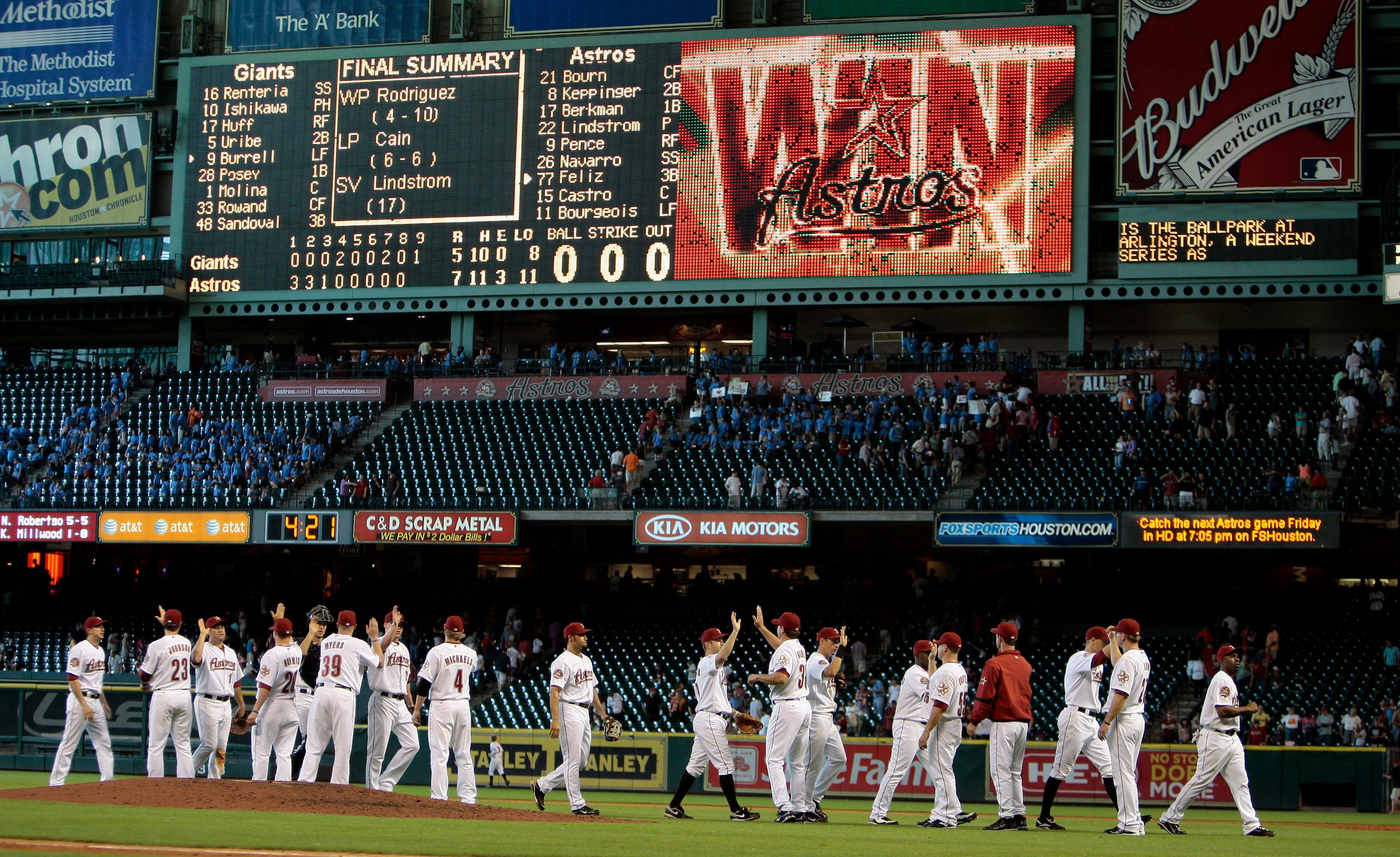 HOUSTON - JUNE 24: The Houston Astros celebrate their win over the San Francisco Giants at Minute Maid Park on June 24, 2010 in Houston, Texas. (Photo by Bob Levey/Getty Images) HOUSTON - JUNE 24: The Houston Astros celebrate their win over the San Francisco Giants at Minute Maid Park on June 24, 2010 in Houston, Texas. (Photo by Bob Levey/Getty Images)