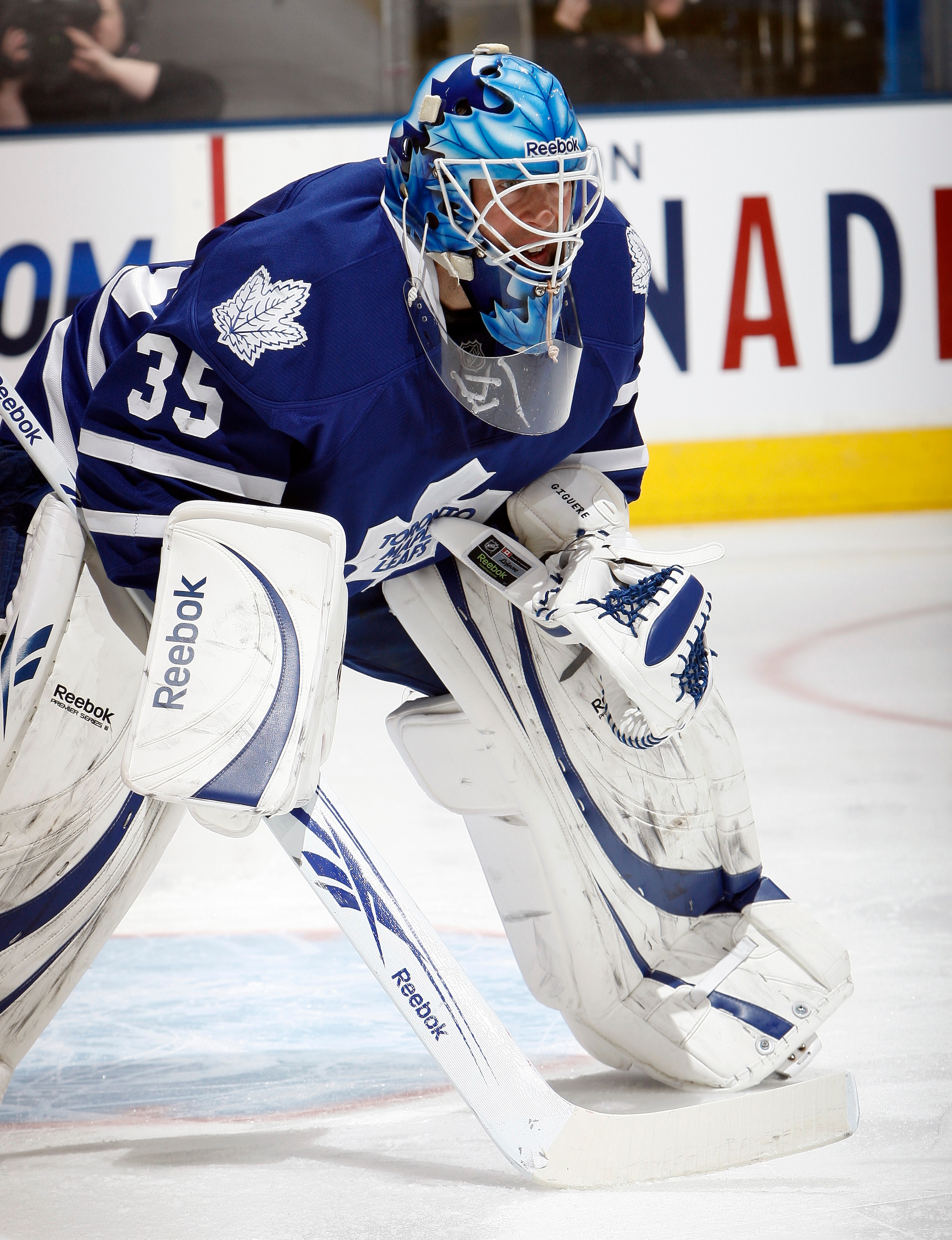 TORONTO, CANADA - JANUARY 22:  Jean-Sebastien Giguere #35 of the Toronto Maple Leafs guards the net during game action at the Air Canada Centre against the Washington Capitals January 22, 2011 in Toronto, Ontario, Canada. (Photo by Abelimages/Getty Images