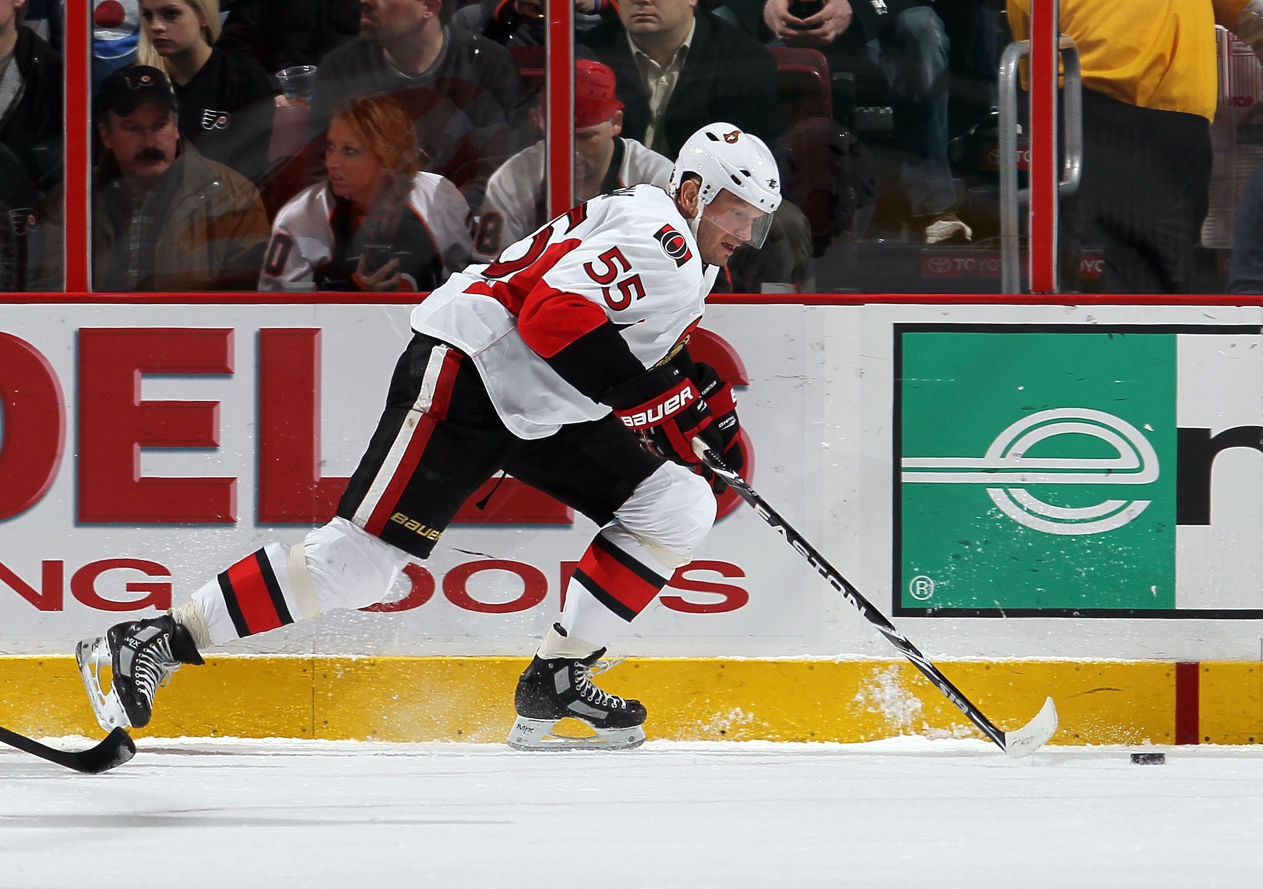 PHILADELPHIA, PA - JANUARY 20:  Sergei Gonchar #55 of the Ottawa Senators skates against the Philadelphia Flyers on January 20, 2011 at Wells Fargo Center in Philadelphia, Pennsylvania.  (Photo by Jim McIsaac/Getty Images)