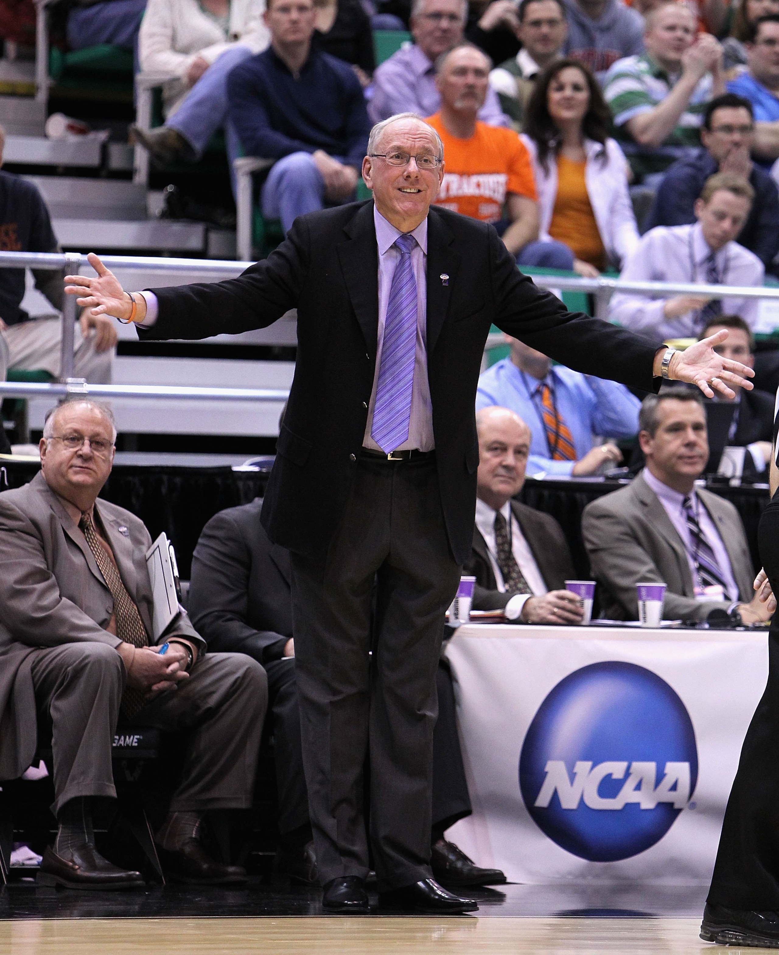 SALT LAKE CITY - MARCH 25:  Head coach Jim Boeheim of the Syracuse Orange reacts against the Butler Bulldogs during the west regional semifinal of the 2010 NCAA men's basketball tournament at the Energy Solutions Arena on March 25, 2010 in Salt Lake City,