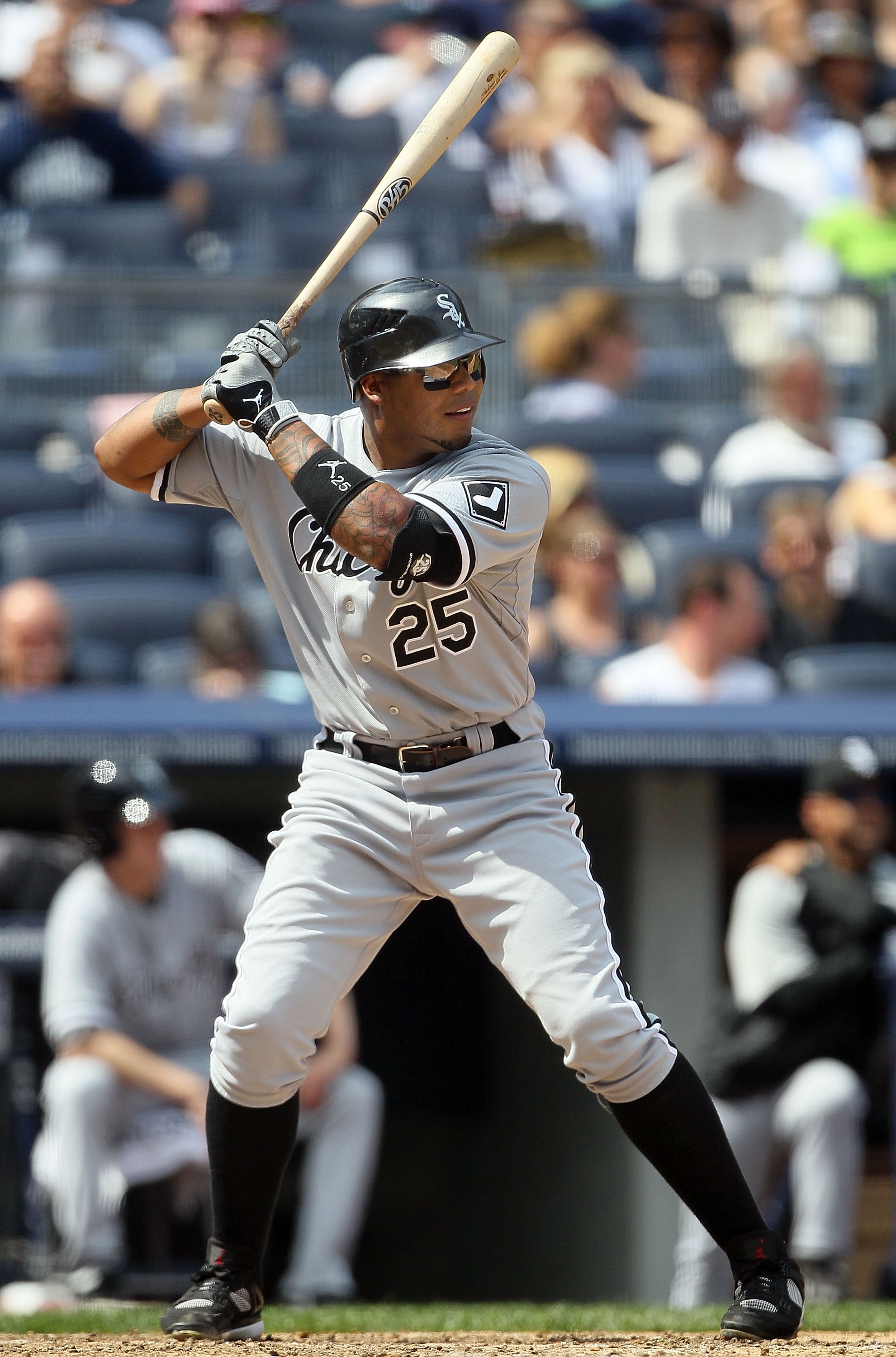 NEW YORK - MAY 02: Andruw Jones #25 of the Chicago White Sox bats against the New York Yankees on May 2, 2010 at Yankee Stadium in the Bronx borough of New York City. The Yankees defeated the White Sox 12-3. (Photo by Jim McIsaac/Getty Images)