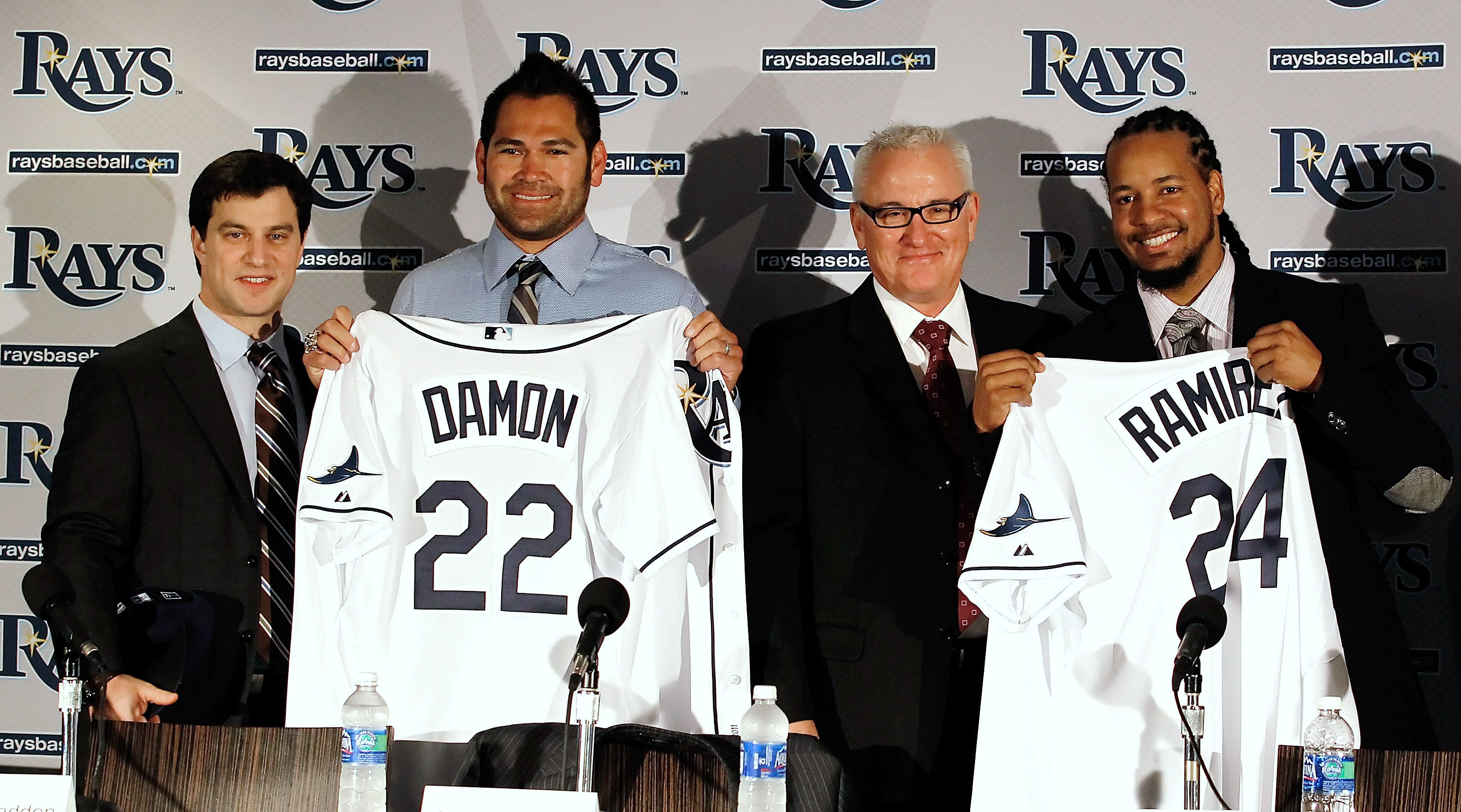 ST PETERSBURG, FL - FEBRUARY 01: (L to R) Executive Vice President of Baseball Operations Andrew Friedman, Johnny Damon #22 of the Tampa Bay Rays, Tampa Bay Rays manager Joe Maddon and Manny Ramirez #24 of the Tampa Bay Rays pose for a photo during a pr