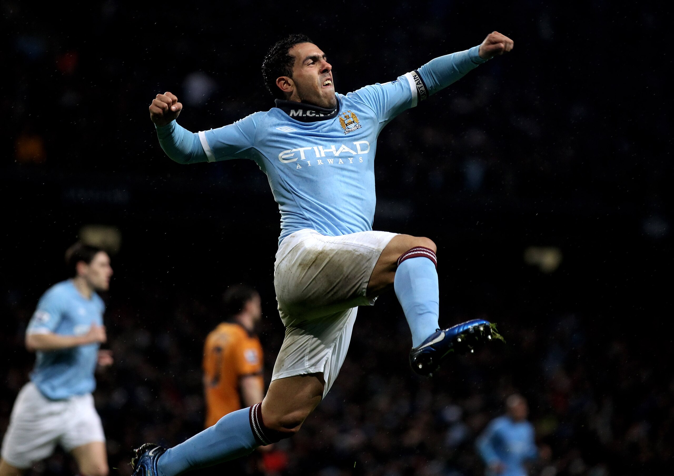 MANCHESTER, ENGLAND - JANUARY 15: Carlos Tevez of Manchester City celebrates scoring his team's second goal during the Barclays Premier League match between Manchester City and Wolverhampton Wanderers at the City of Manchester Stadium on January 15, 2011 MANCHESTER, ENGLAND - JANUARY 15: Carlos Tevez of Manchester City celebrates scoring his team's second goal during the Barclays Premier League match between Manchester City and Wolverhampton Wanderers at the City of Manchester Stadium on January 15, 2011