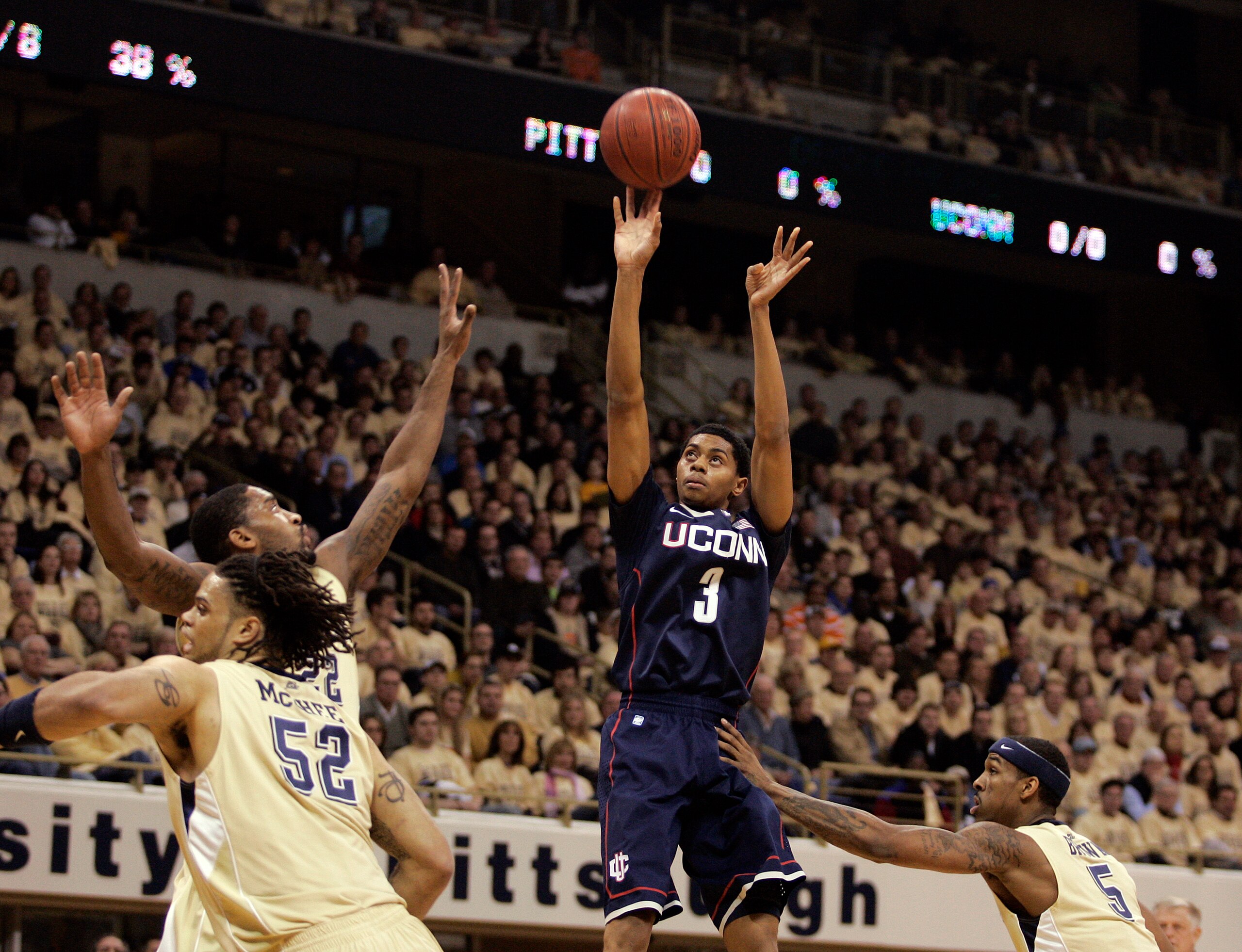 PITTSBURGH, PA - DECEMBER 27:  Jeremy Lamb #3 of the Connecticut Huskies pulls up for a three against the Pittsburgh Panthers at Petersen Events Center on December 27, 2010 in Pittsburgh, Pennsylvania.  (Photo by Justin K. Aller/Getty Images)