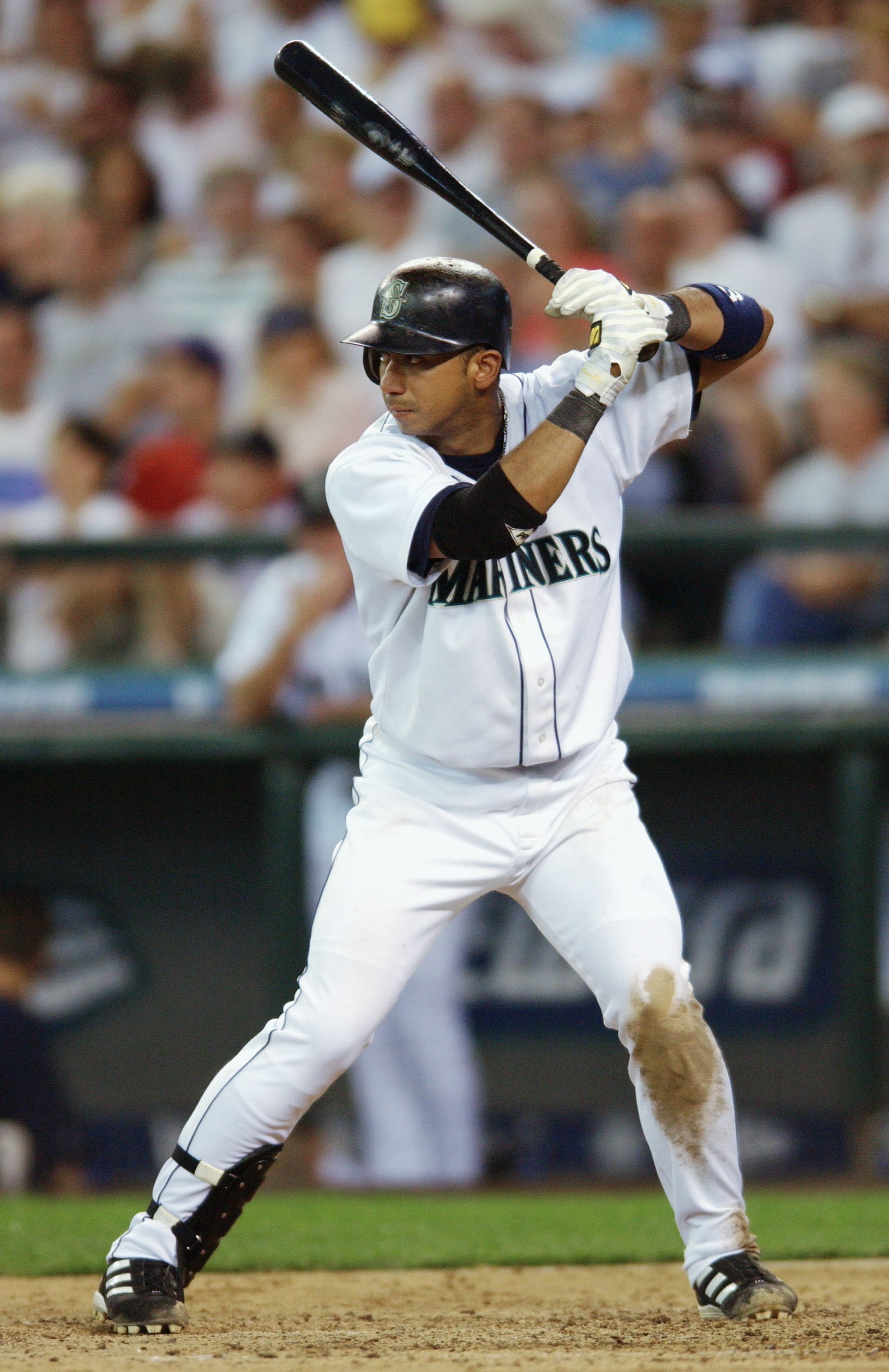 SEATTLE - JUN 29:  Shortstop Carlos Guillen #8 of the Seattle Mariners readies for the pitch during interleague play against the San Diego Padres at Safeco Field on June 29, 2003 in Seattle, Washington.  The Padres defeated the Mariners 8-6.  (Photo by Ot