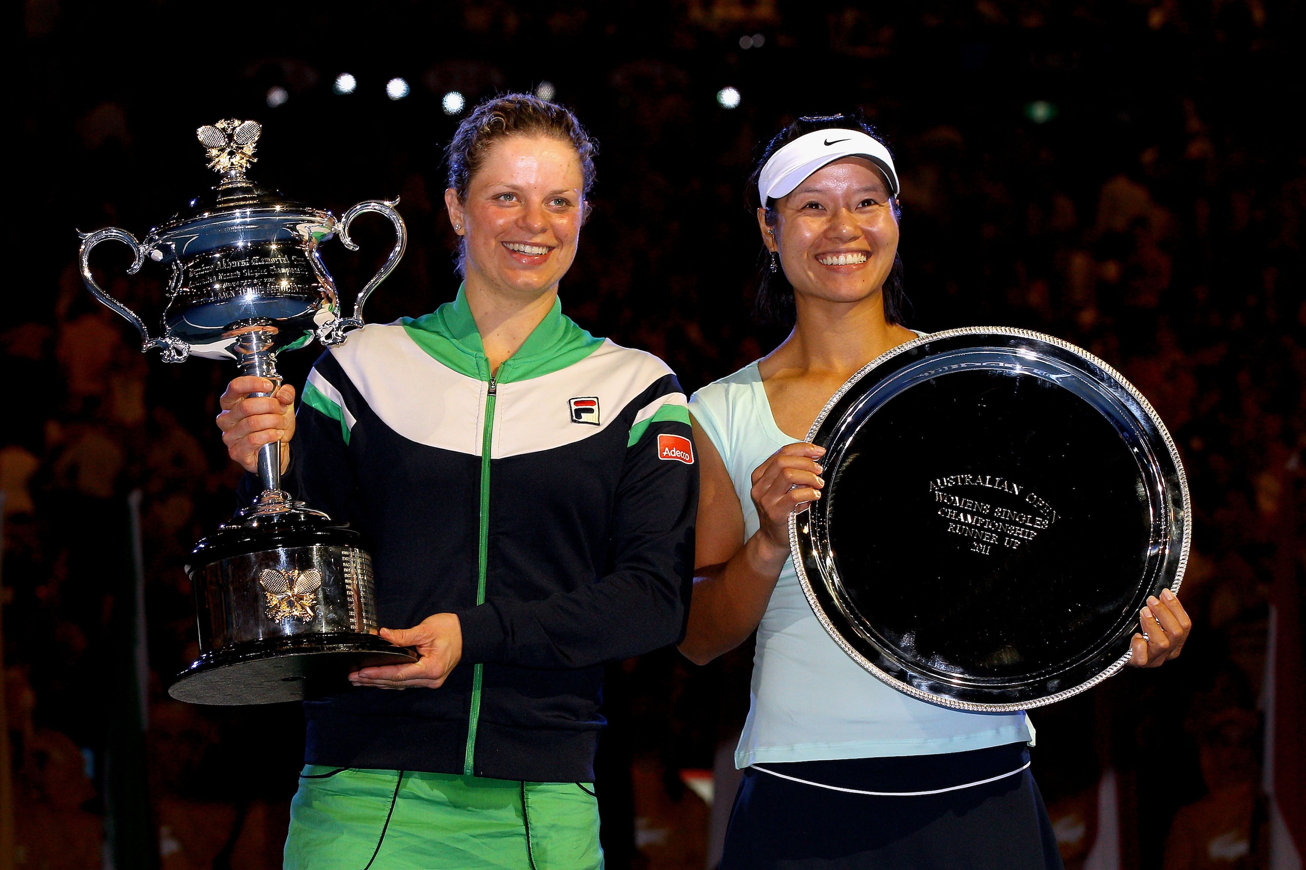 MELBOURNE, AUSTRALIA - JANUARY 29: Kim Clijsters of Belgium poses with the Daphne Akhurst Trophy after winning her women's final match with Na Li of China during day thirteen of the 2011 Australian Open at Melbourne Park on January 29, 2011 in Melbourne, MELBOURNE, AUSTRALIA - JANUARY 29: Kim Clijsters of Belgium poses with the Daphne Akhurst Trophy after winning her women's final match with Na Li of China during day thirteen of the 2011 Australian Open at Melbourne Park on January 29, 2011 in Melbourne,