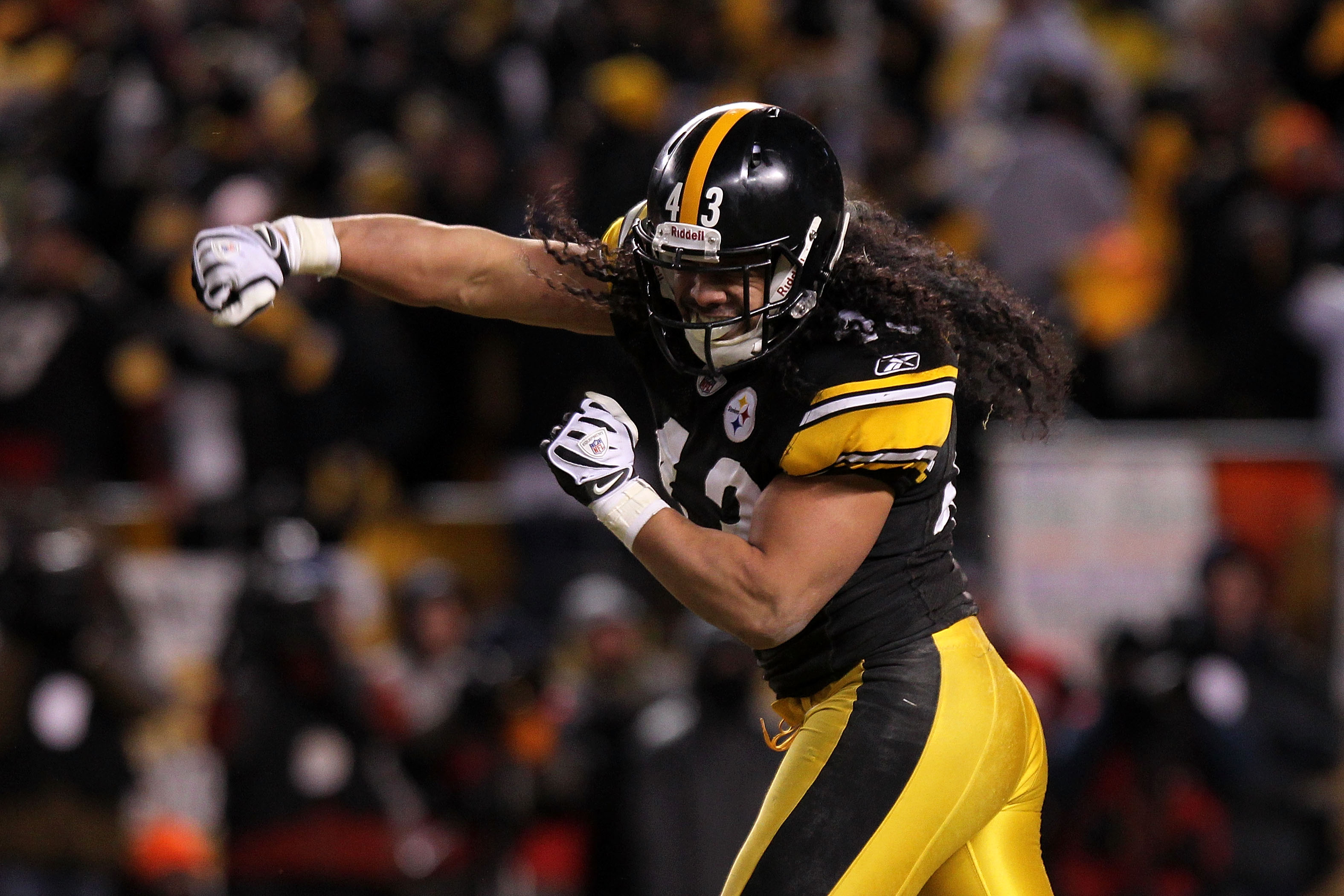 PITTSBURGH, PA - JANUARY 23: Troy Polamalu #43 of the Pittsburgh Steelers reacts after they stopped the New York Jets on the goal line on the fourth down in the fourth quarter of the 2011 AFC Championship game at Heinz Field on January 23, 2011 in Pittsb
