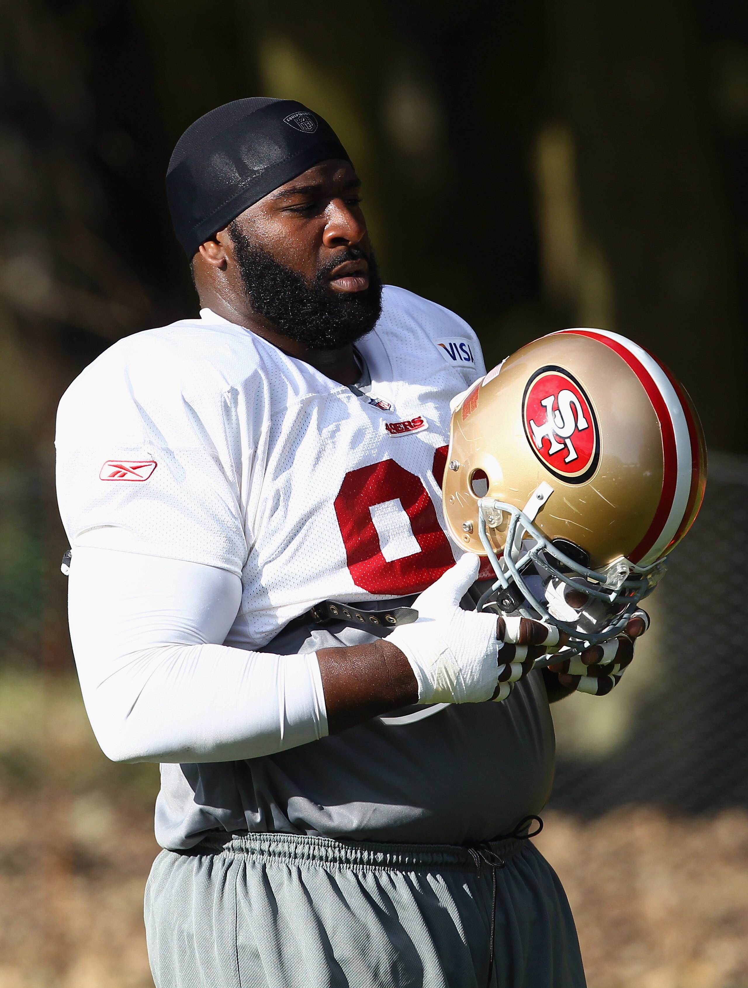 HERTFORD, ENGLAND - OCTOBER 27:  Franklin Aubrayo of San Francisco 49ers looks on during a training session at The Grove Hotel on October 27, 2010 in Hertford, England. The San Francisco 49ers will meet the Denver Broncos in the NFL International Series r