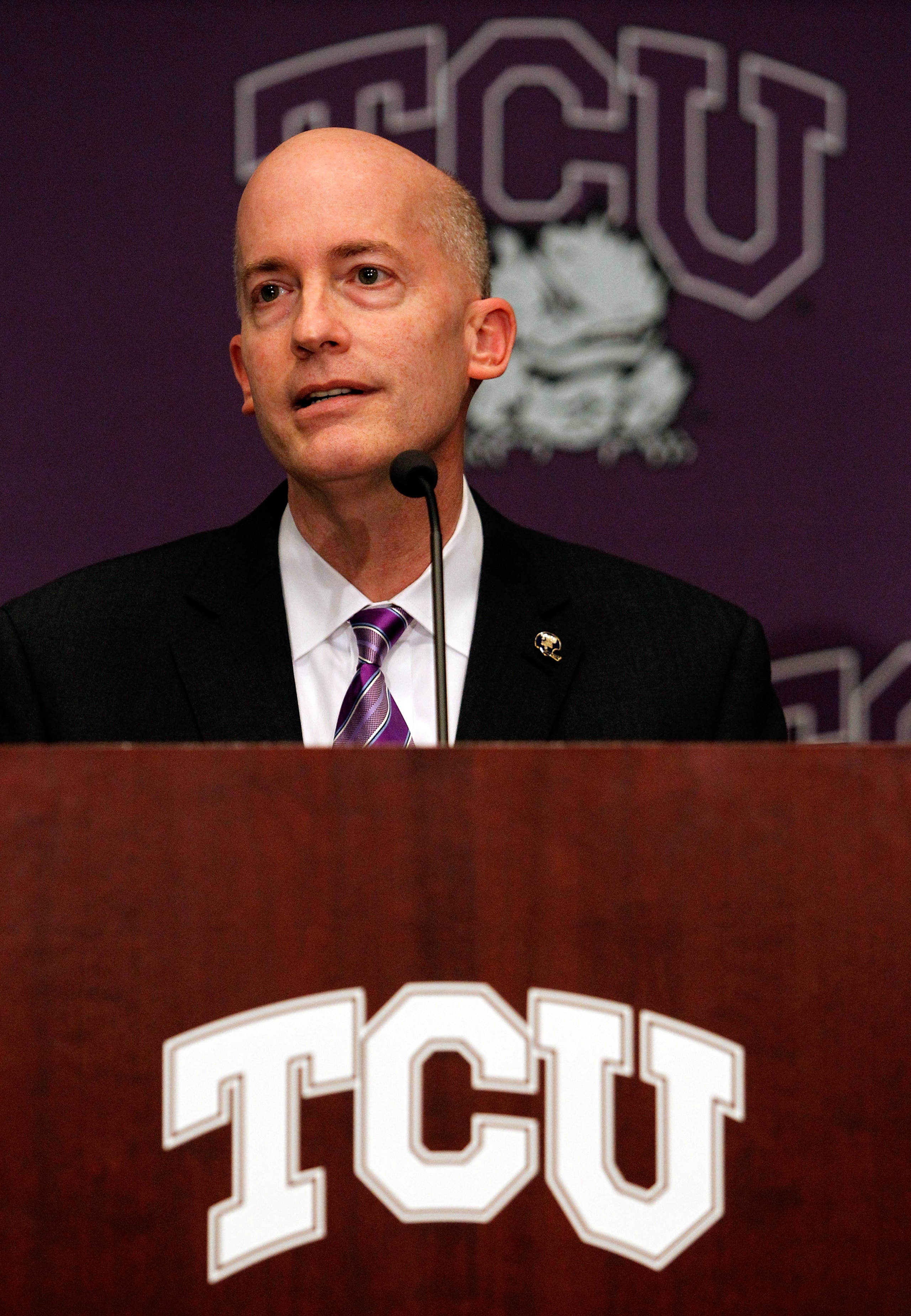 DALLAS - NOVEMBER 29:  Texas Christian University Chancellor Dr. Victor J. Boschini, Jr. talks with the media after Texas Christian University accepted an invitation for full membership into The Big East Conference on November 29, 2010 in Fort Worth, Texa