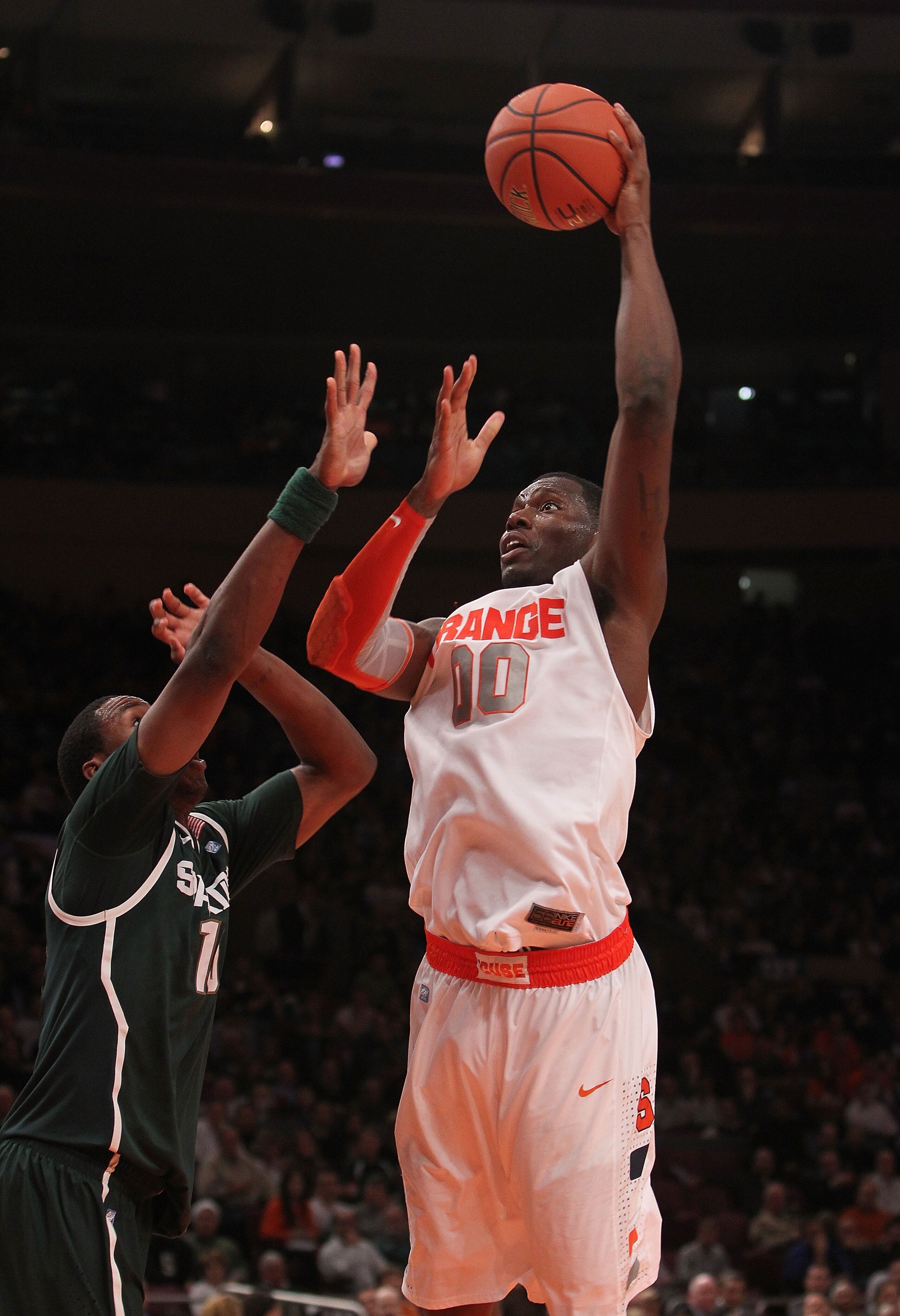 NEW YORK, NY - DECEMBER 07:  Rick Jackson #00 of Syracuse Orange shoots the ball against the Michigan State Spartans during their game at the Jimmy V Classic at Madison Square Garden on December 7, 2010 in New York City.  (Photo by Nick Laham/Getty Images