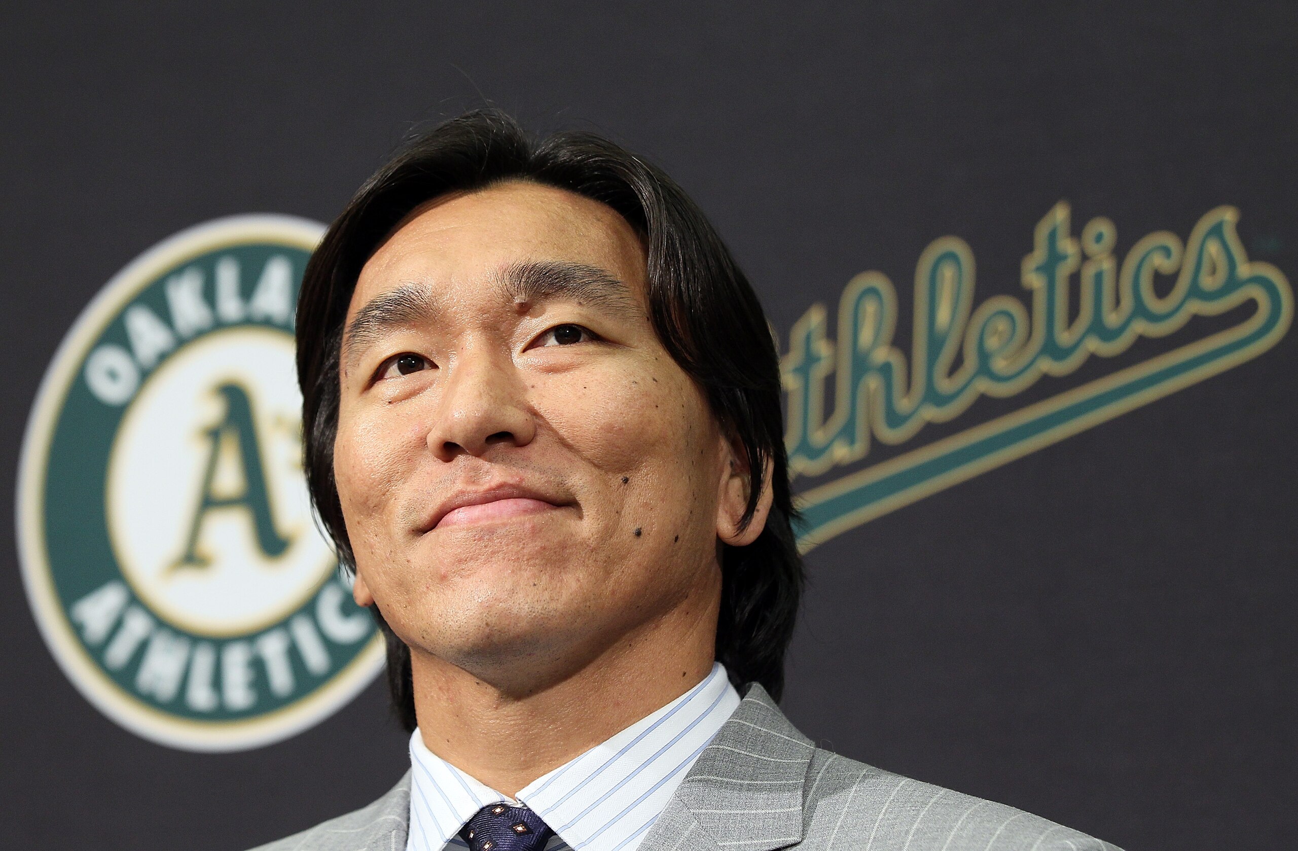 OAKLAND, CA - DECEMBER 14: Hideki Matsui looks on during a press conference where he was introduced as the newest member of the Oakland Athletics at Oakland-Alameda County Coliseum on December 14, 2010 in Oakland, California. The Oakland Athletics signe OAKLAND, CA - DECEMBER 14: Hideki Matsui looks on during a press conference where he was introduced as the newest member of the Oakland Athletics at Oakland-Alameda County Coliseum on December 14, 2010 in Oakland, California. The Oakland Athletics signe