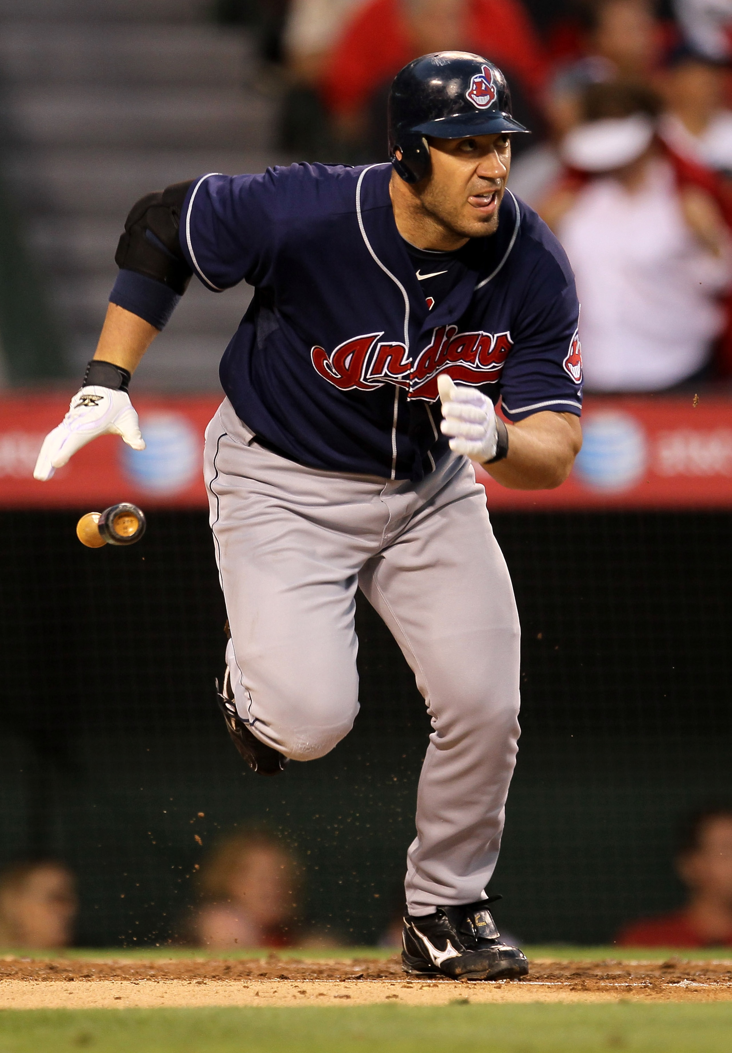 ANAHEIM, CA - SEPTEMBER 06:  Travis Hafner #48 of the Cleveland Indians runs to first as he hits a double against the Los Angeles Angels of Anaheim in the fourth inning on September 6, 2010 at Angel Stadium in Anaheim, California.  (Photo by Stephen Dunn/