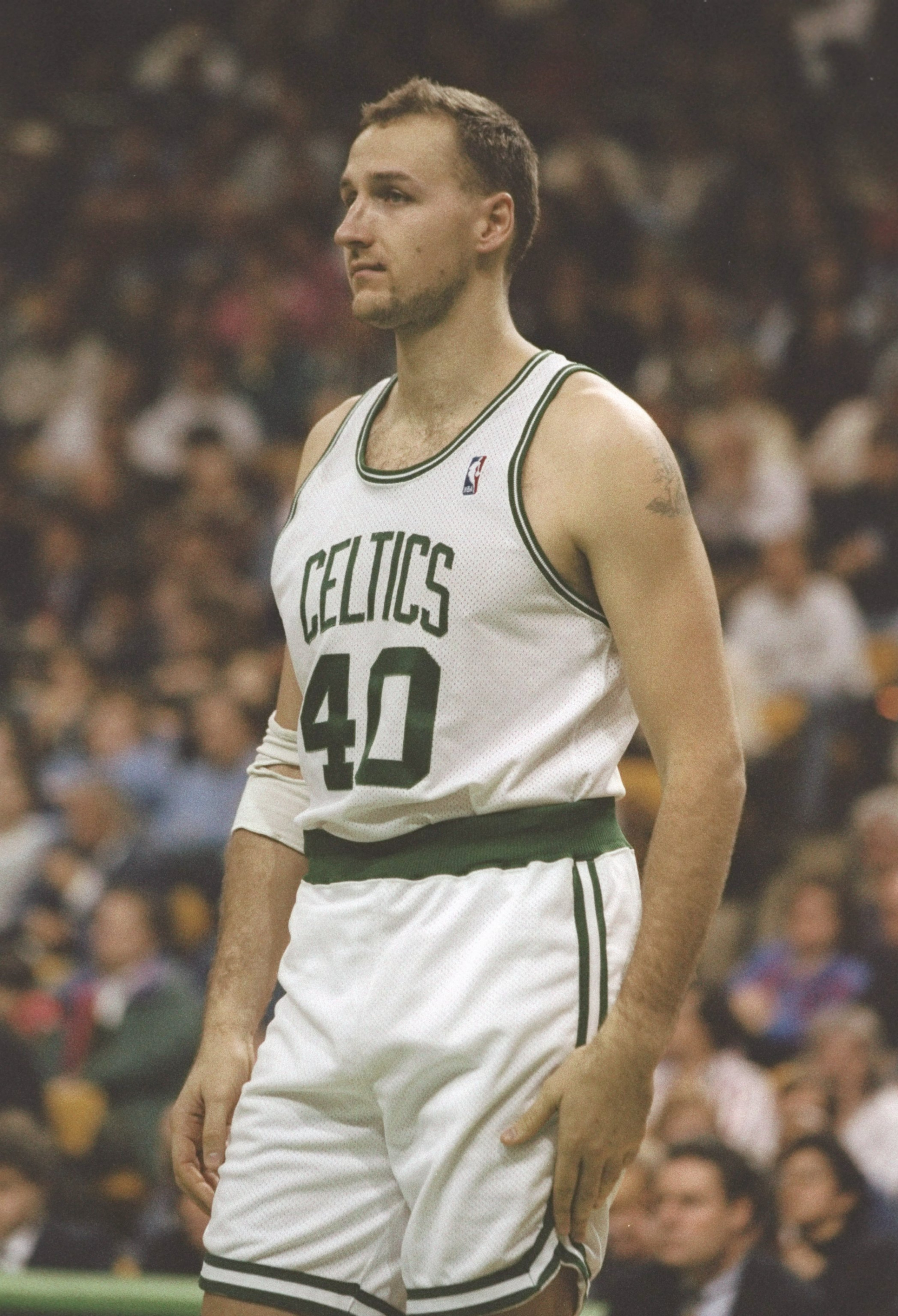 1 Dec 1995: Forward Dino Radja of the Boston Celtics stands on the court during a game against the New Jersey Nets at the Fleet Center in Boston, Massachusetts. The Nets won the game 131-123. Mandatory Credit: Allsport /Allsport 1 Dec 1995: Forward Dino Radja of the Boston Celtics stands on the court during a game against the New Jersey Nets at the Fleet Center in Boston, Massachusetts. The Nets won the game 131-123. Mandatory Credit: Allsport /Allsport