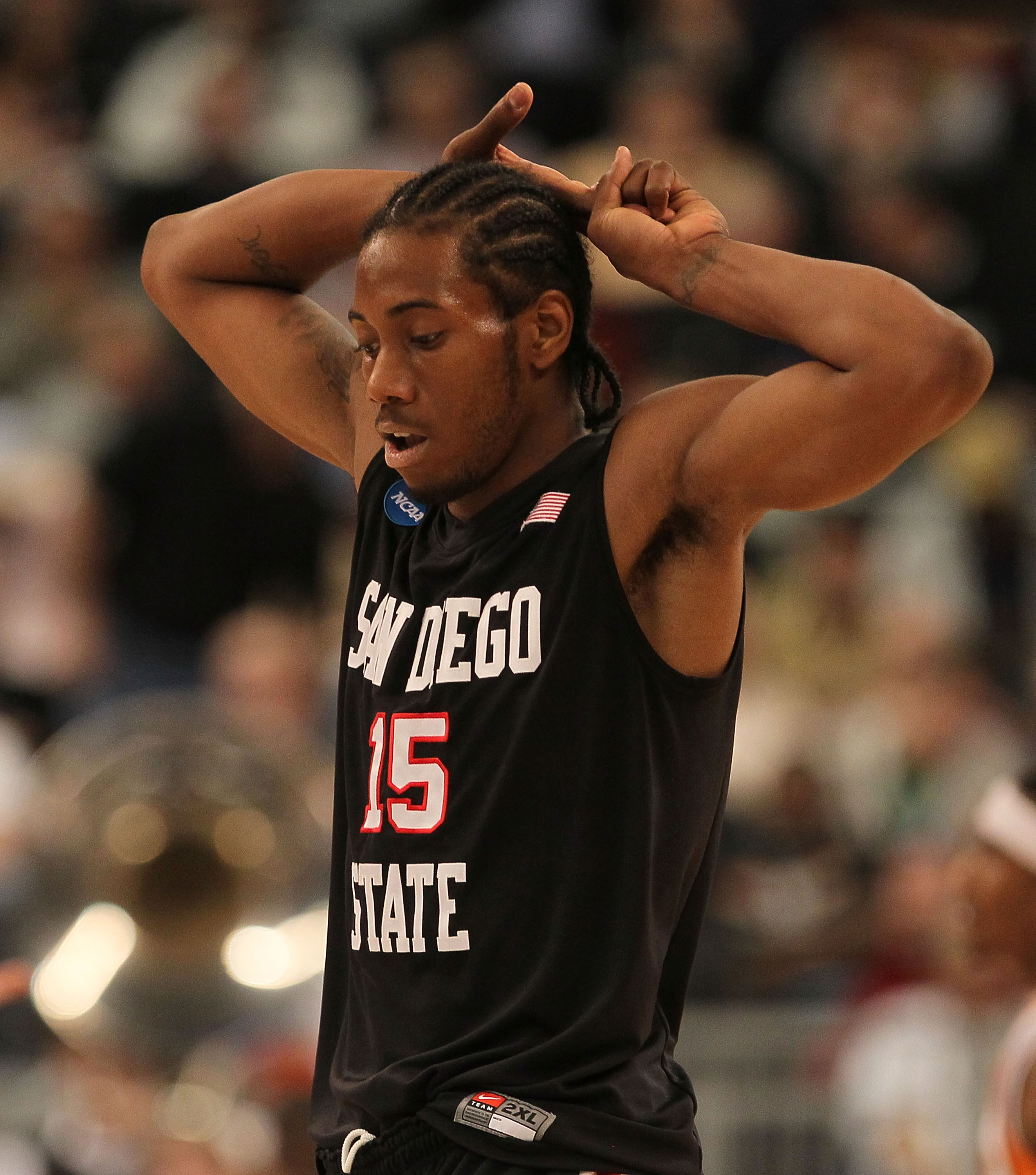 PROVIDENCE, RI - MARCH 18:  Kawhi Leonard #15 of the San Diego State Axtecs reacts against the Tennessee Volunteers during the first round of the 2010 NCAA men's basketball tournament at Dunkin' Donuts Center on March 18, 2010 in Providence, Rhode Island.
