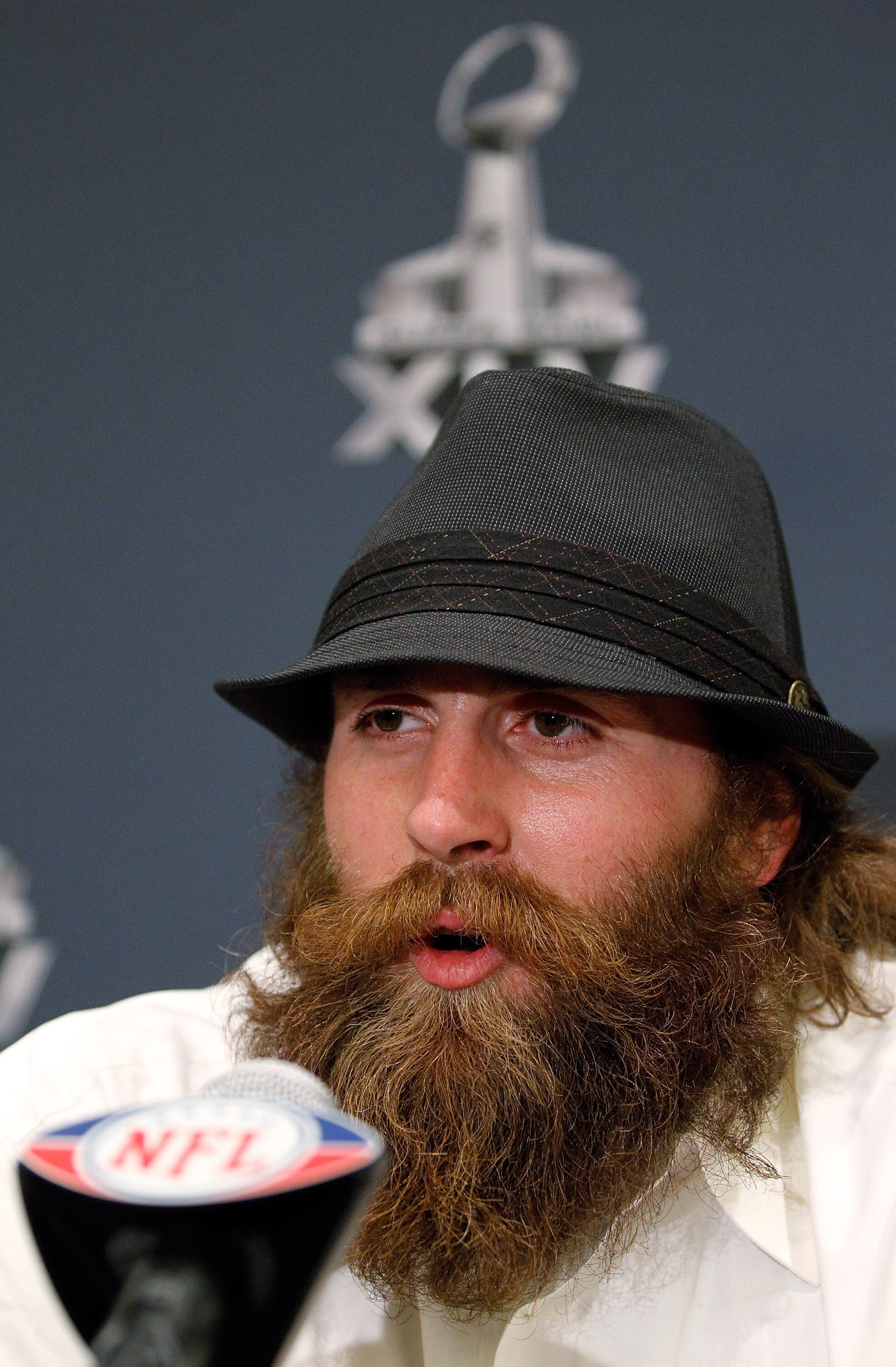 FORT WORTH, TX - JANUARY 31:  Defensive end Brett Keisel #99 of the Pittsburgh Steelers talks with the media at the Omni Fort Worth Hotel on January 31, 2011 in Fort Worth, Texas. The Pittsburgh Steelers will play the Green Bay Packers in Super Bowl XLV o