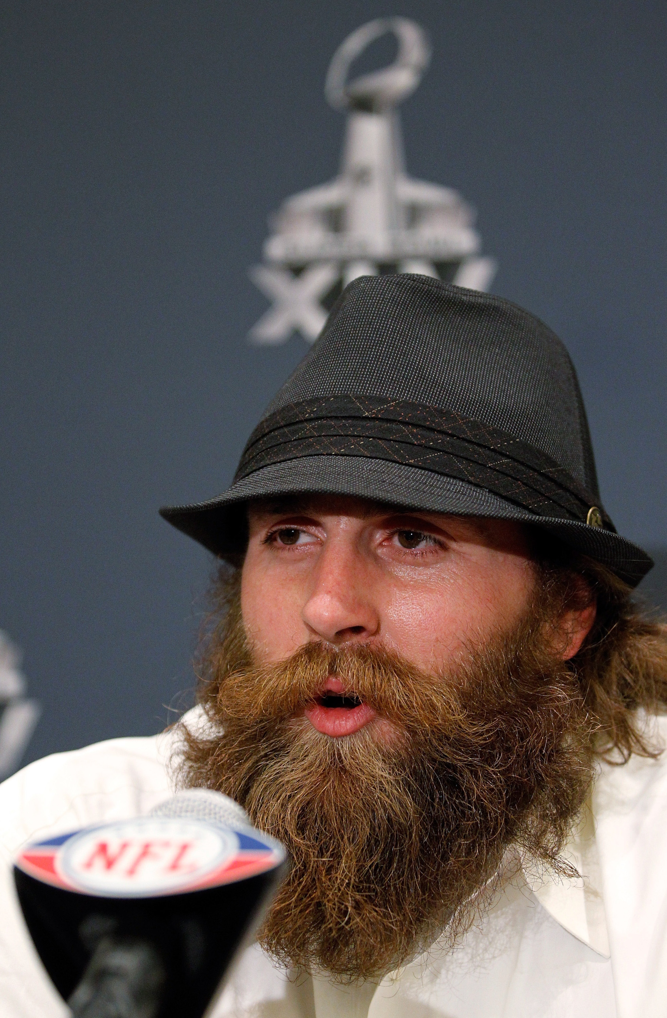 FORT WORTH, TX - JANUARY 31: Defensive end Brett Keisel #99 of the Pittsburgh Steelers talks with the media at the Omni Fort Worth Hotel on January 31, 2011 in Fort Worth, Texas. The Pittsburgh Steelers will play the Green Bay Packers in Super Bowl XLV o FORT WORTH, TX - JANUARY 31: Defensive end Brett Keisel #99 of the Pittsburgh Steelers talks with the media at the Omni Fort Worth Hotel on January 31, 2011 in Fort Worth, Texas. The Pittsburgh Steelers will play the Green Bay Packers in Super Bowl XLV o