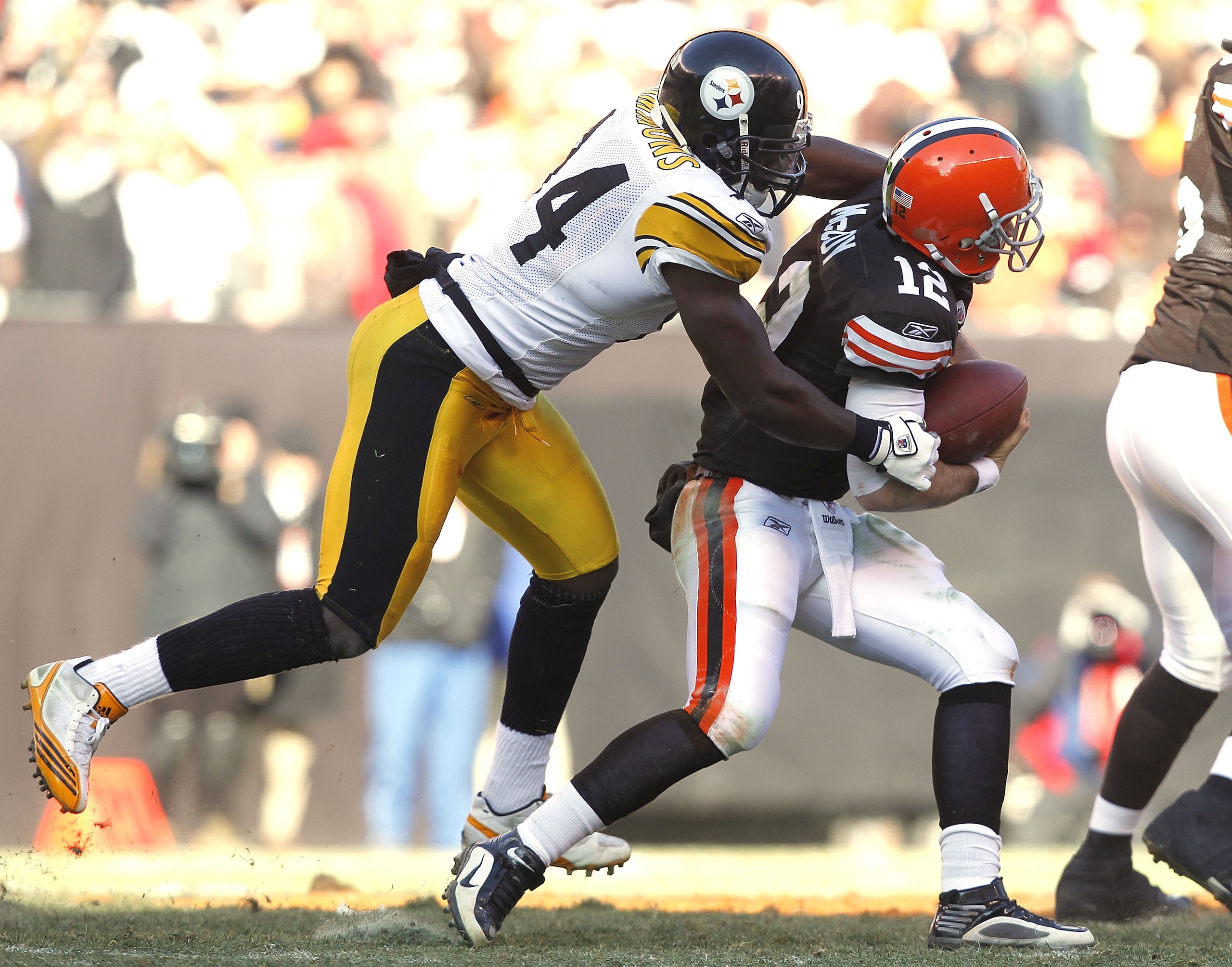 CLEVELAND, OH - JANUARY 02: Linebacker Lawrence Timmons #94 of the Pittsburgh Steelers sacks quarterback Colt McCoy #12 of the Cleveland Browns at Cleveland Browns Stadium on January 2, 2011 in Cleveland, Ohio. (Photo by Matt Sullivan/Getty Images) CLEVELAND, OH - JANUARY 02: Linebacker Lawrence Timmons #94 of the Pittsburgh Steelers sacks quarterback Colt McCoy #12 of the Cleveland Browns at Cleveland Browns Stadium on January 2, 2011 in Cleveland, Ohio. (Photo by Matt Sullivan/Getty Images)