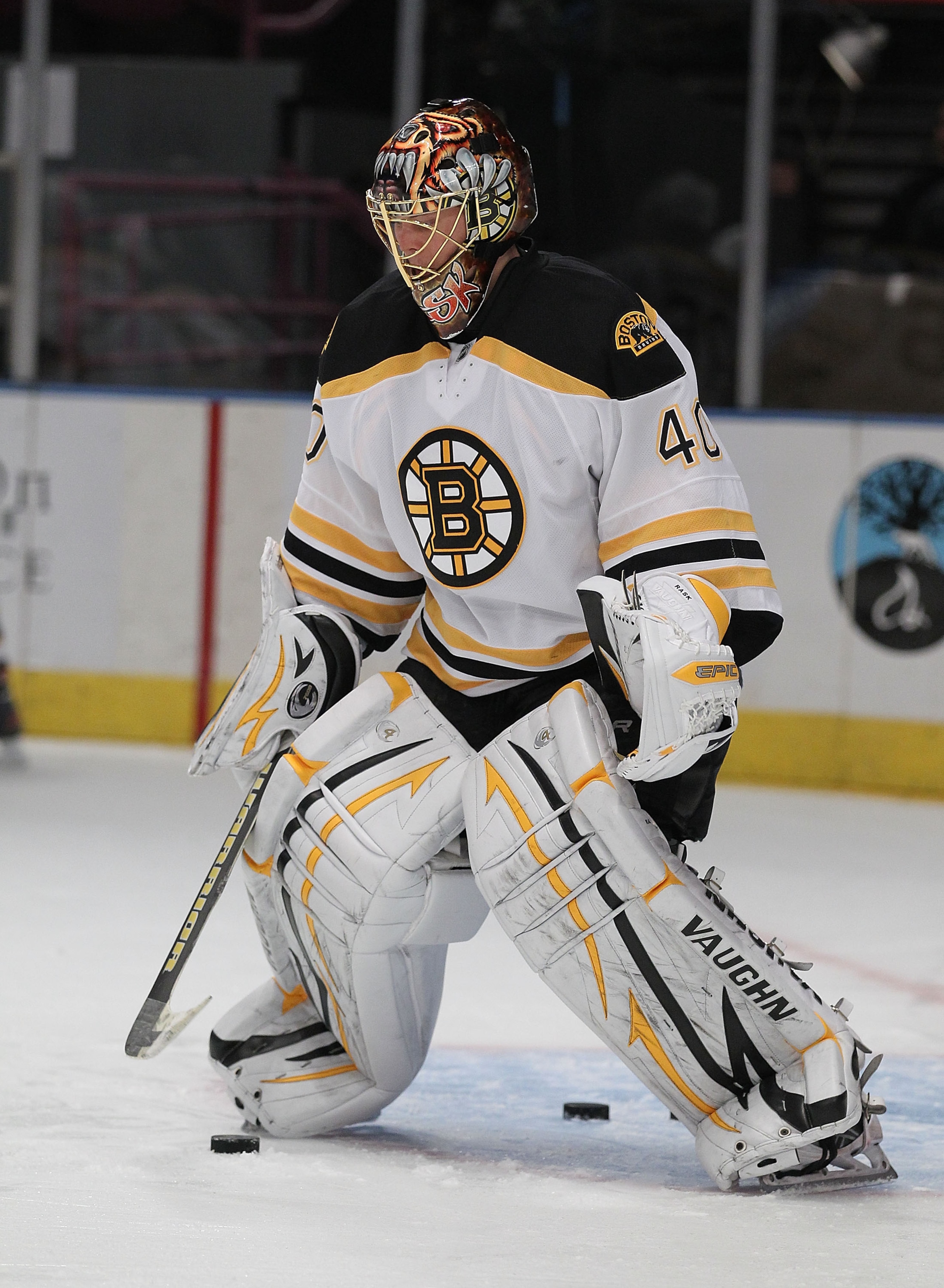 NEW YORK - NOVEMBER 17:  Tuukka Rask #40 of the Boston Bruins in action during warmups against the New York Rangers during their game on November 17, 2010 at Madison Square Garden in New York City, New York.  (Photo by Al Bello/Getty Images)