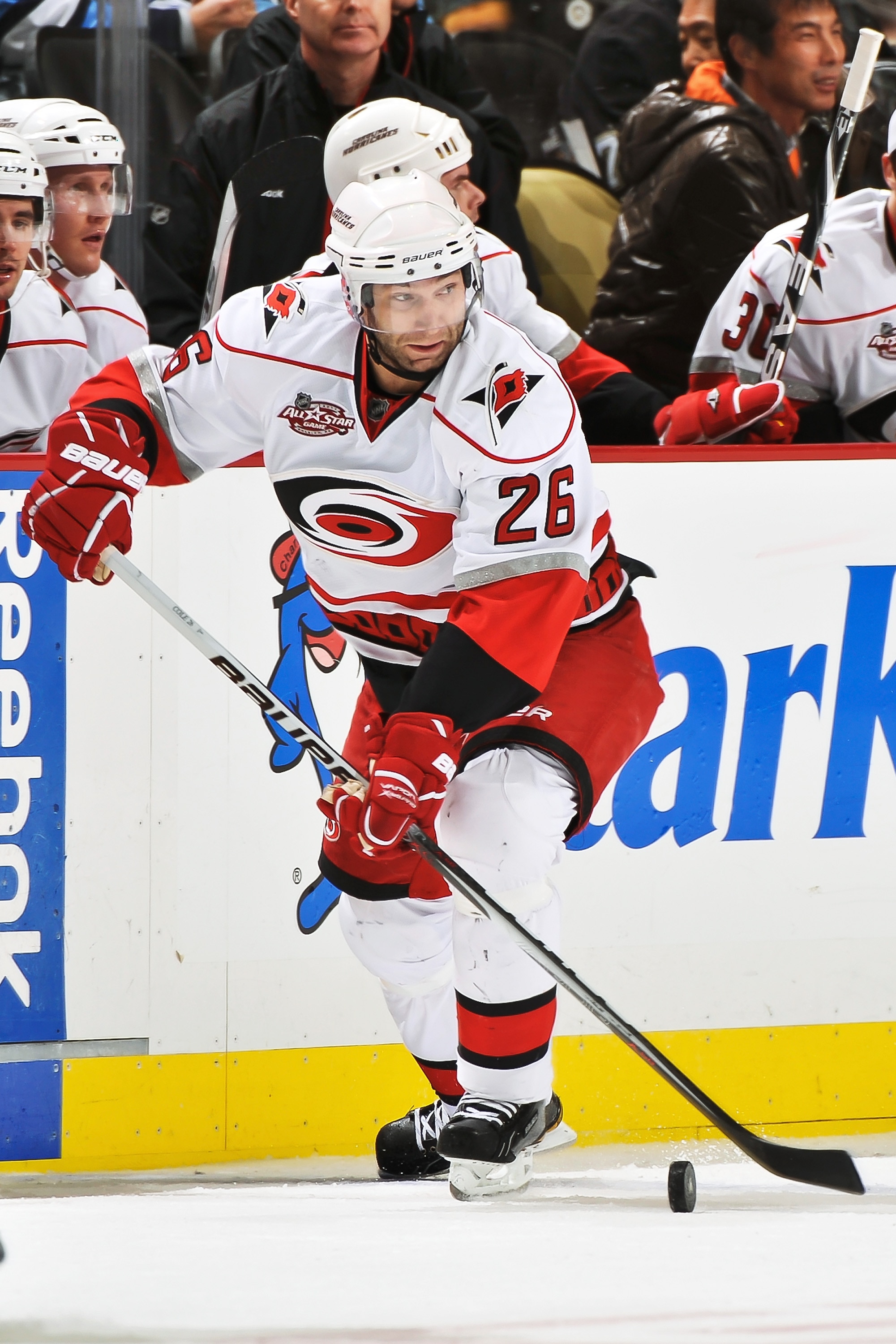 PITTSBURGH - NOVEMBER 19:  Erik Cole #26 of the Carolina Hurricanes skates with the puck against the Pittsburgh Penguins on November 19, 2010 at Consol Energy Center in Pittsburgh, Pennsylvania.  (Photo by Jamie Sabau/Getty Images)