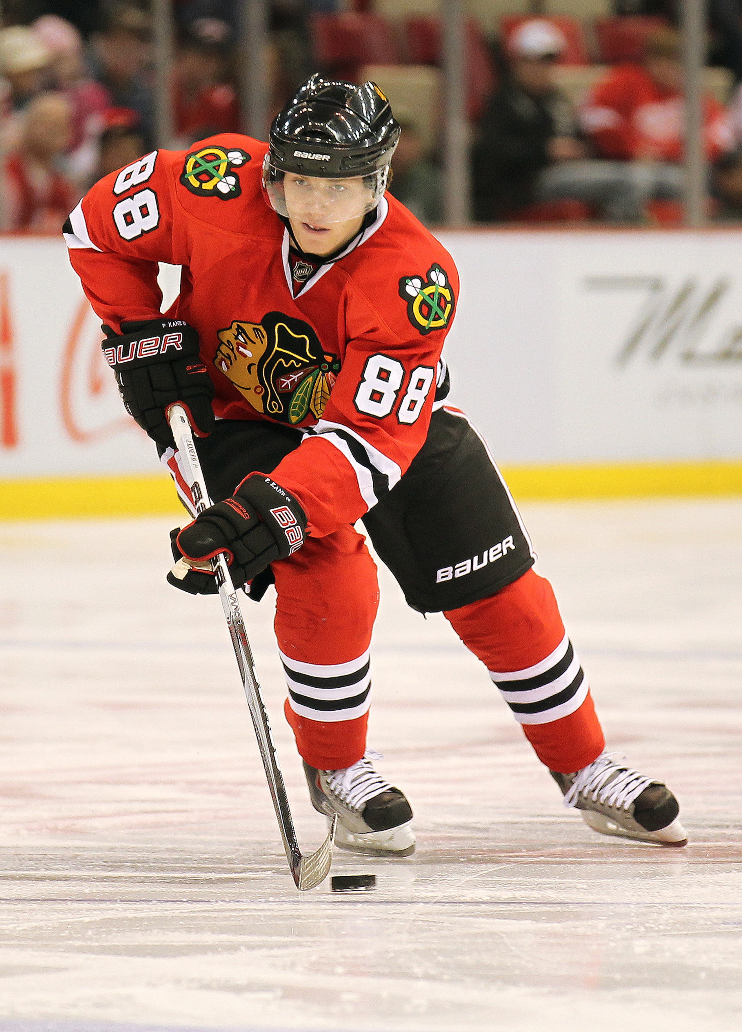 DETROIT, MI - JANUARY 22:  Patrick Kane #88 of the Chicago Black Hawks skates with the puck in a game against the Detroit Red Wings on January 22, 2011 at the Joe Louis Arena in Detroit, Michigan. The Hawks defeated the Wings 4-1. (Photo by Claus Andersen