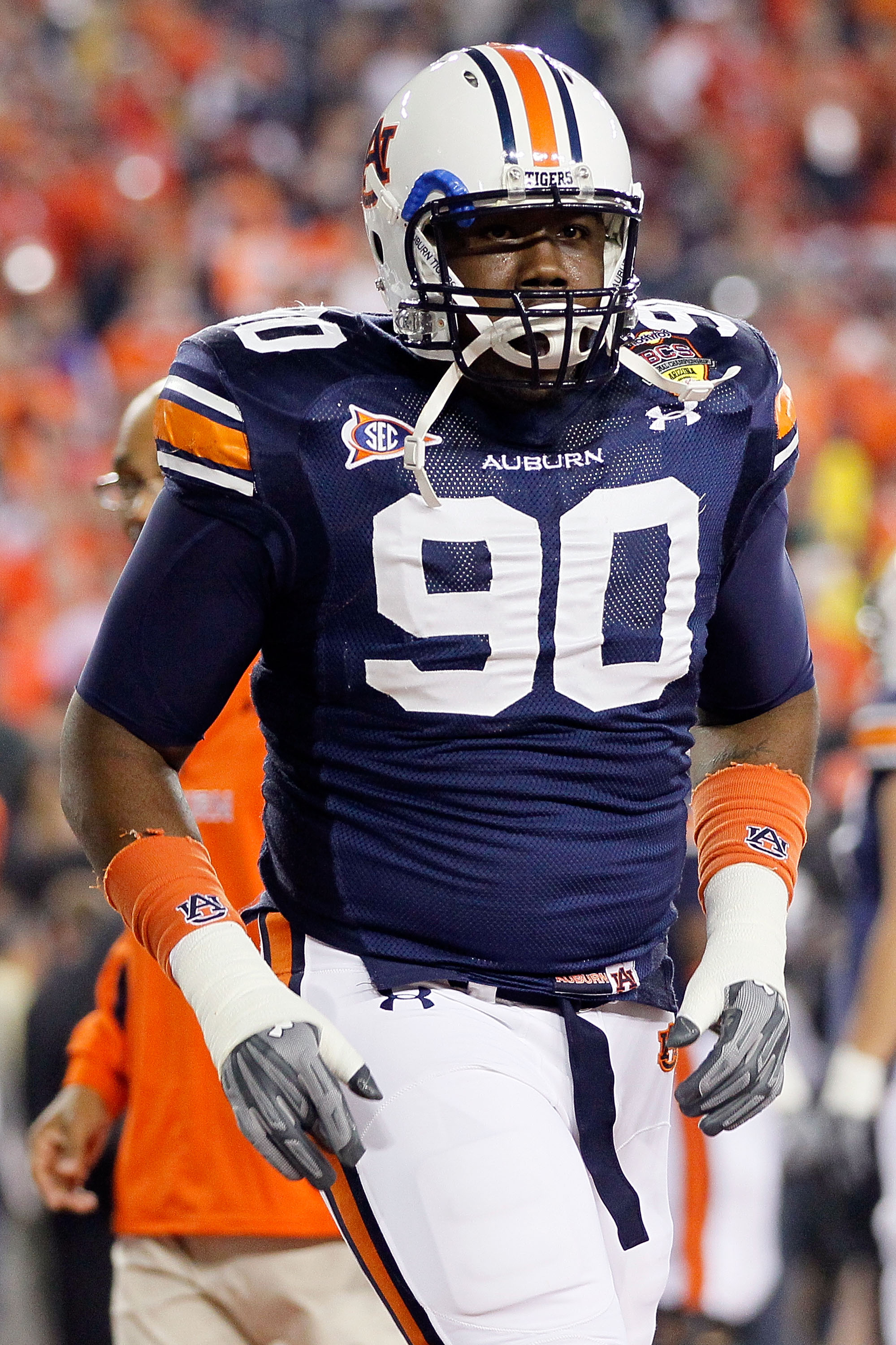 GLENDALE, AZ - JANUARY 10:  Nick Fairley #90 of the Auburn Tigers warms up before taking on the Oregon Ducks during the Tostitos BCS National Championship Game at University of Phoenix Stadium on January 10, 2011 in Glendale, Arizona.  (Photo by Kevin C.