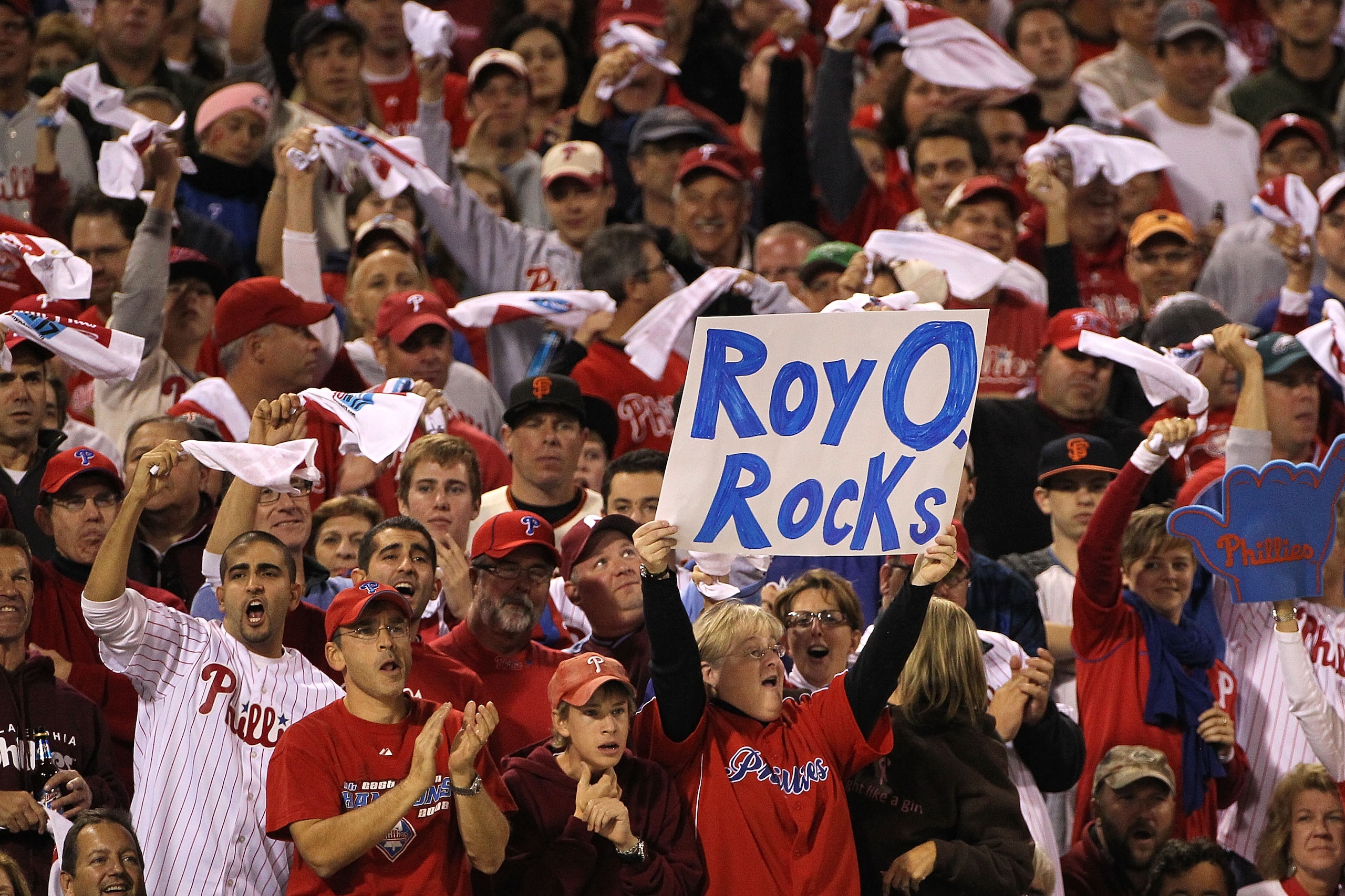 PHILADELPHIA - OCTOBER 17:  Fans of the Philadelphia Phillies hold up a sign as the Phillies take on the San Francisco Giants in Game Two of the NLCS during the 2010 MLB Playoffs at Citizens Bank Park on October 17, 2010 in Philadelphia, Pennsylvania.  (P