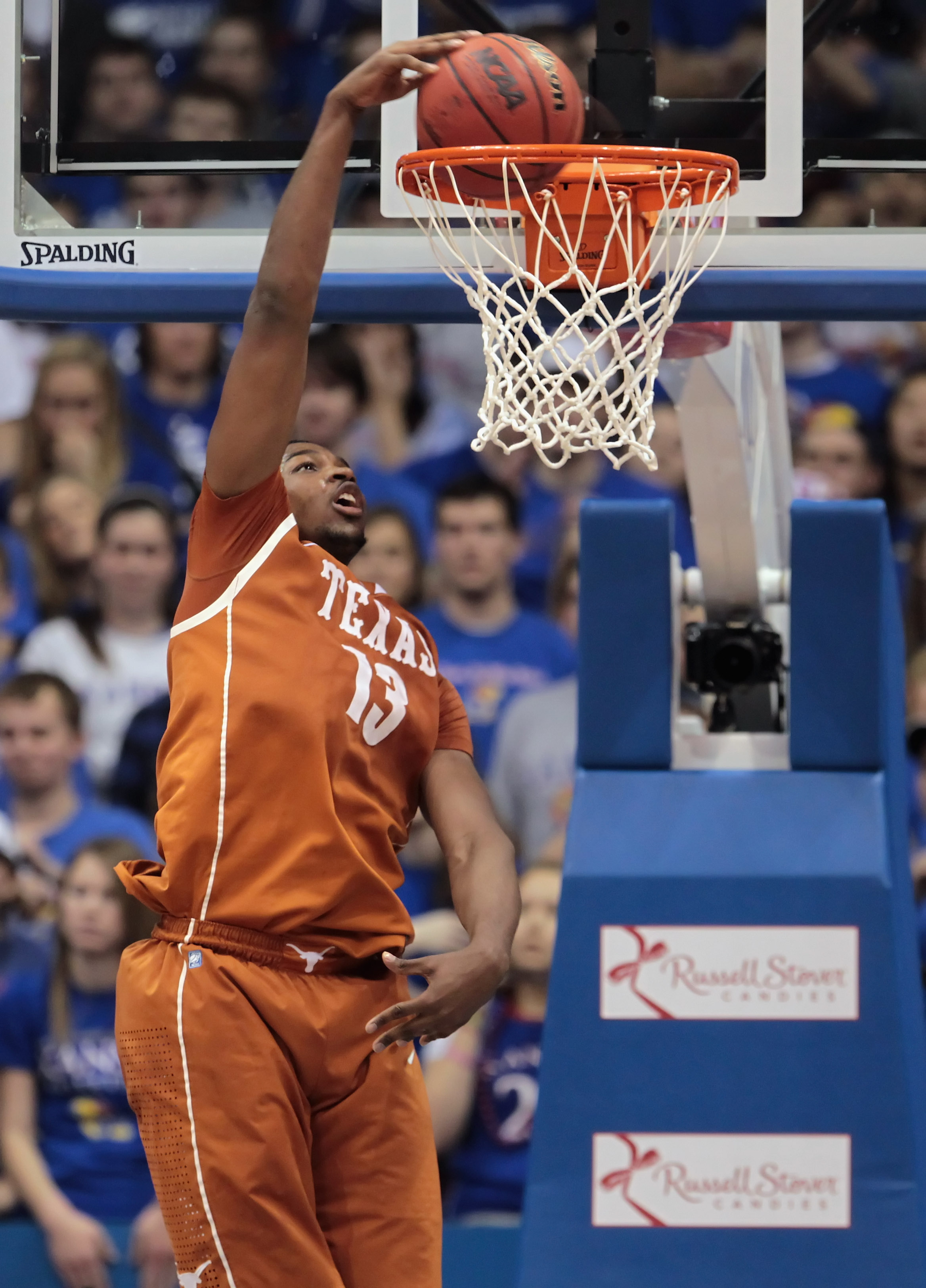 LAWRENCE, KS - JANUARY 22:  Tristan Thompson #13 of the Texas Longhorns dunks against the Kansas Jayhawks during the game on January 22, 2011 at Allen Fieldhouse in Lawrence, Kansas.  (Photo by Jamie Squire/Getty Images)