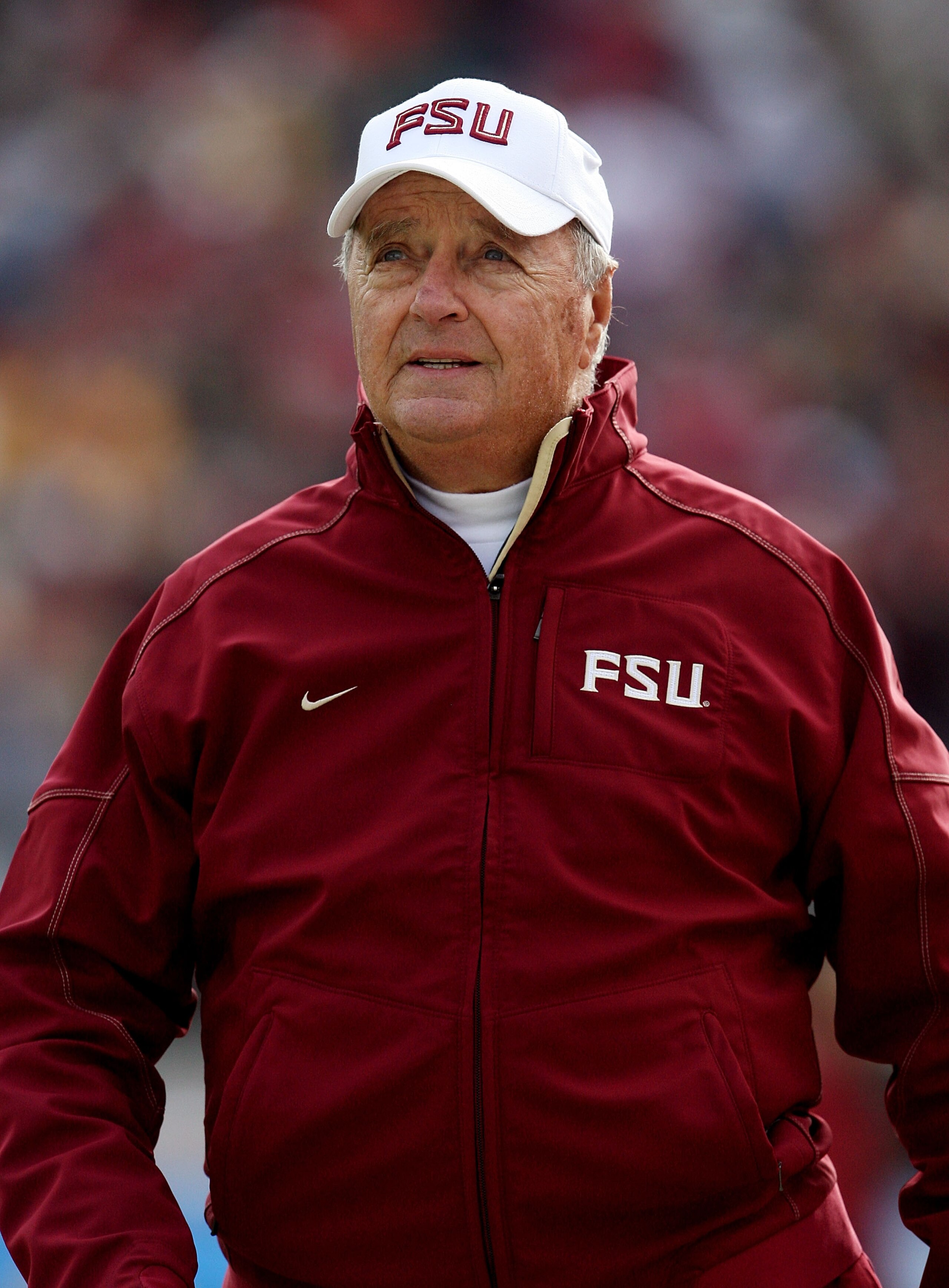 JACKSONVILLE, FL - JANUARY 01:  Head coach Bobby Bowden of the Florida State Seminoles watches his team take on the West Virginia Mountaineers during the Konica Minolta Gator Bowl on January 1, 2010 in Jacksonville, Florida.  (Photo by Doug Benc/Getty Ima