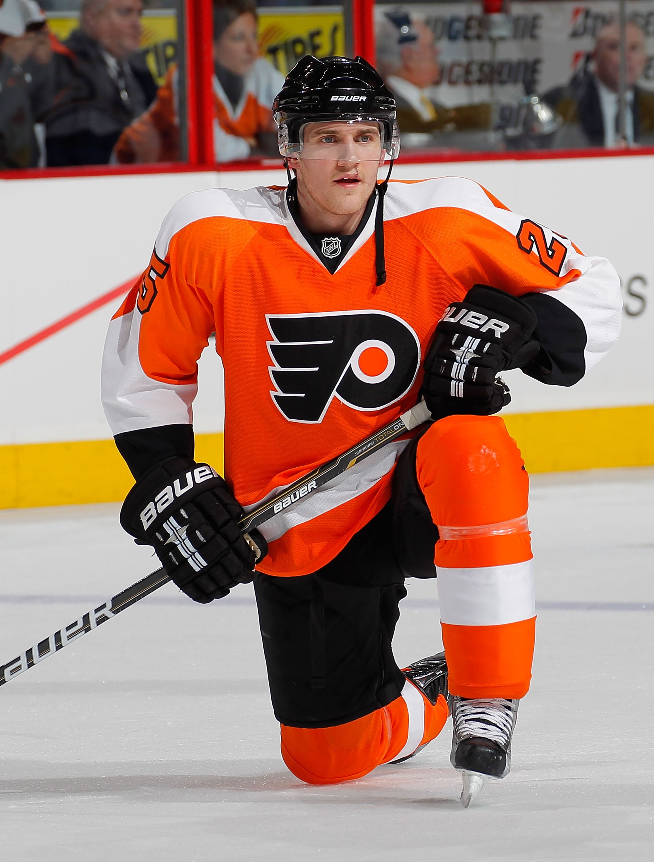 PHILADELPHIA, PA - JANUARY 25: Matt Carle #25 of the Philadelphia Flyers kneels during warmups before an NHL hockey game against the Montreal Canadiens at the Wells Fargo Center on January 25, 2011 in Philadelphia, Pennsylvania. (Photo by Paul Bereswill PHILADELPHIA, PA - JANUARY 25: Matt Carle #25 of the Philadelphia Flyers kneels during warmups before an NHL hockey game against the Montreal Canadiens at the Wells Fargo Center on January 25, 2011 in Philadelphia, Pennsylvania. (Photo by Paul Bereswill