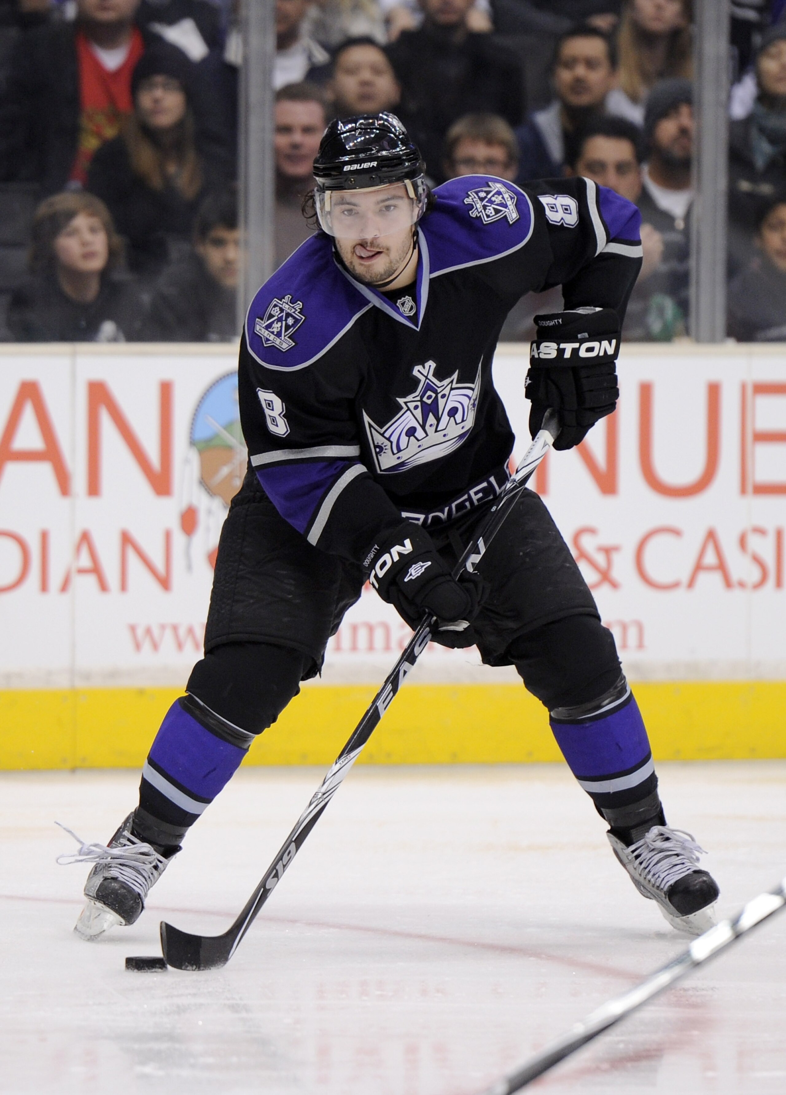 LOS ANGELES, CA - JANUARY 08:  Drew Doughty #8 of the Los Angeles Kings looks to pass against the Columbus Blue Jackets at the Staples Center on January 8, 2011 in Los Angeles, California.  (Photo by Harry How/Getty Images)