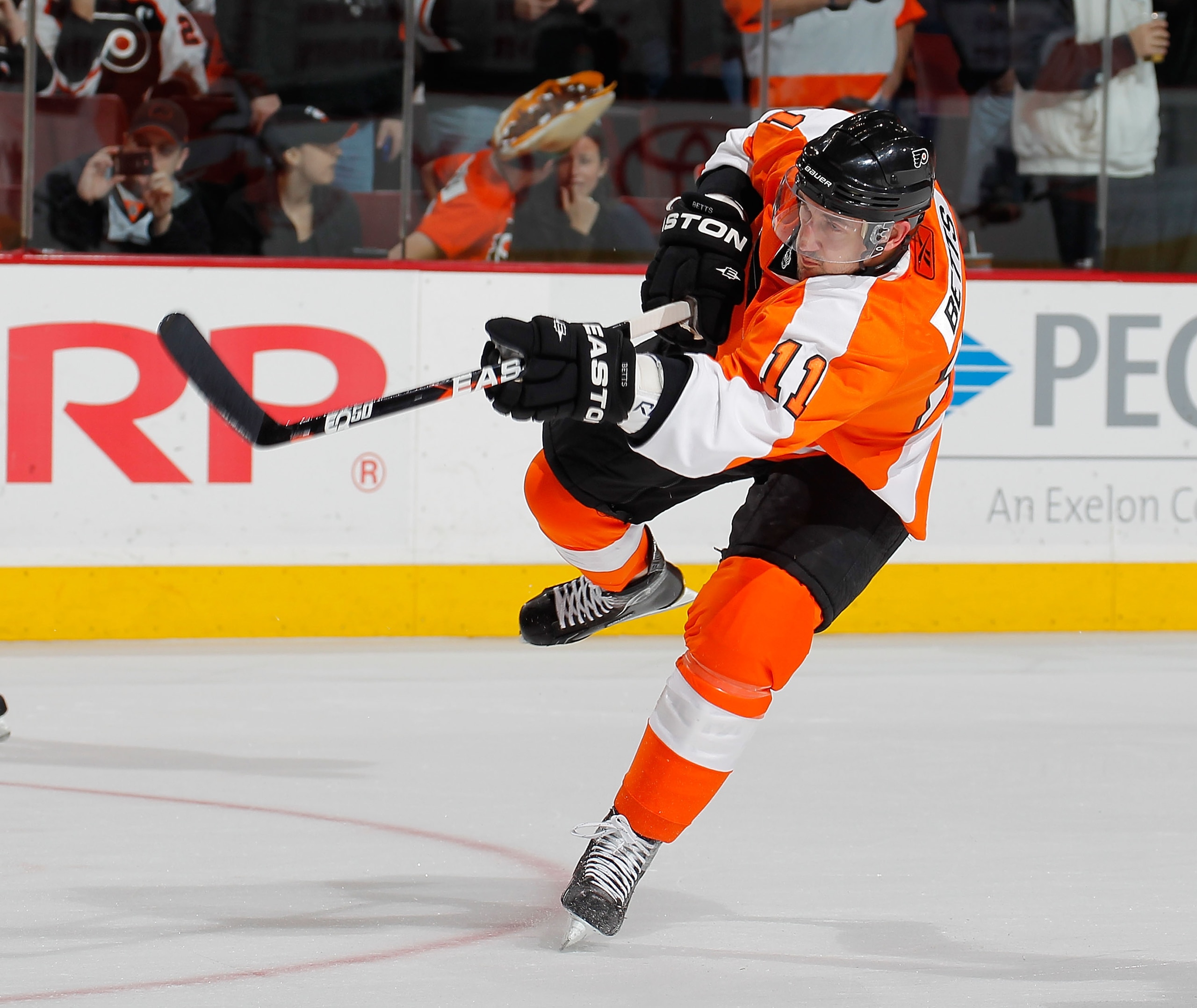 PHILADELPHIA, PA - JANUARY 25: Blair Betts #11 of the Philadelphia Flyers shoots during warmups before an NHL hockey game against the Montreal Canadiens at the Wells Fargo Center on January 25, 2011 in Philadelphia, Pennsylvania. (Photo by Paul Bereswil PHILADELPHIA, PA - JANUARY 25: Blair Betts #11 of the Philadelphia Flyers shoots during warmups before an NHL hockey game against the Montreal Canadiens at the Wells Fargo Center on January 25, 2011 in Philadelphia, Pennsylvania. (Photo by Paul Bereswil