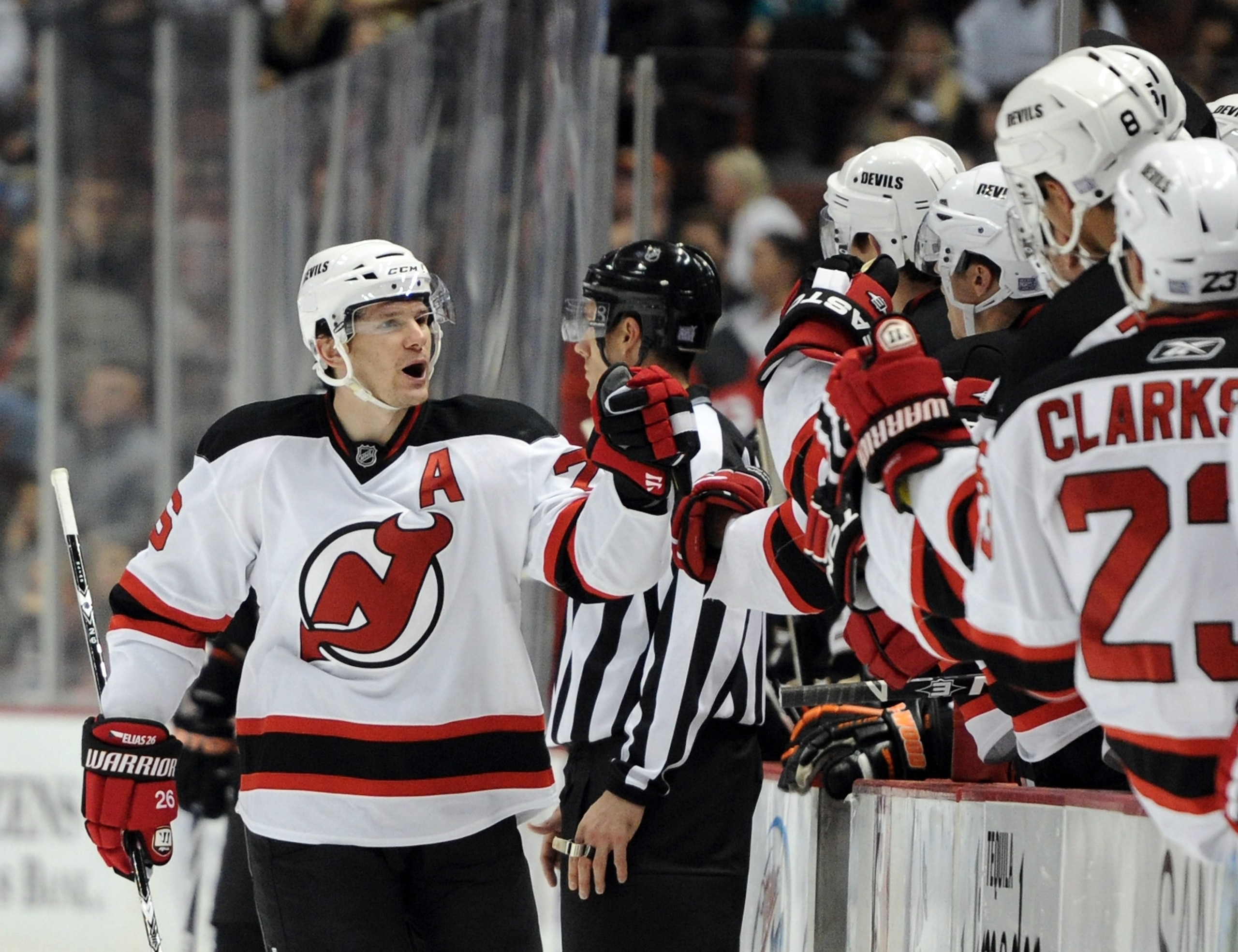 ANAHEIM, CA - OCTOBER 29:  Patrik Elias #26 of the New Jersey Devils celebrates his goal with the bench to take a 2-1 lead over the Anaheim Ducks during thr third periof at the Honda Center on October 29, 2010 in Anaheim, California.  (Photo by Harry How/