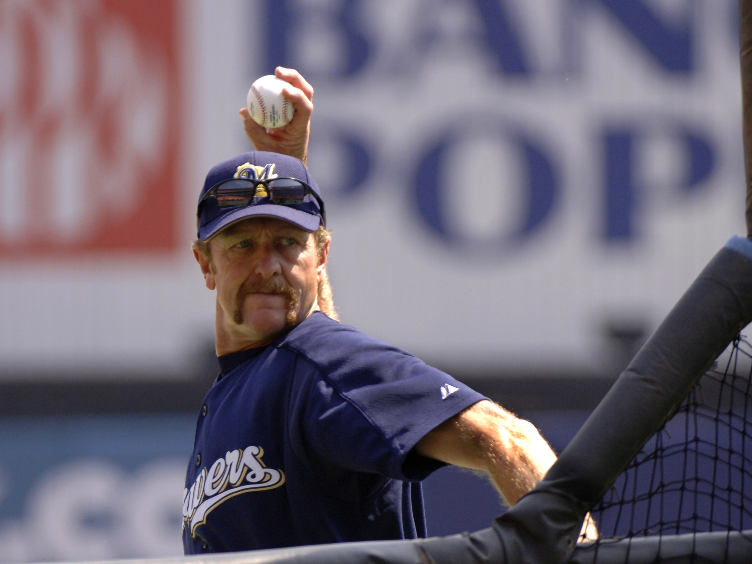 Milwaukee Brewers Hall of Famer Robin Yount pitches batting practice before play  against the New York Mets  April 15, 2006 at Shea Stadium.   The Brewers defeated the Mets 8 - 2. (Photo by A. Messerschmidt/Getty Images)