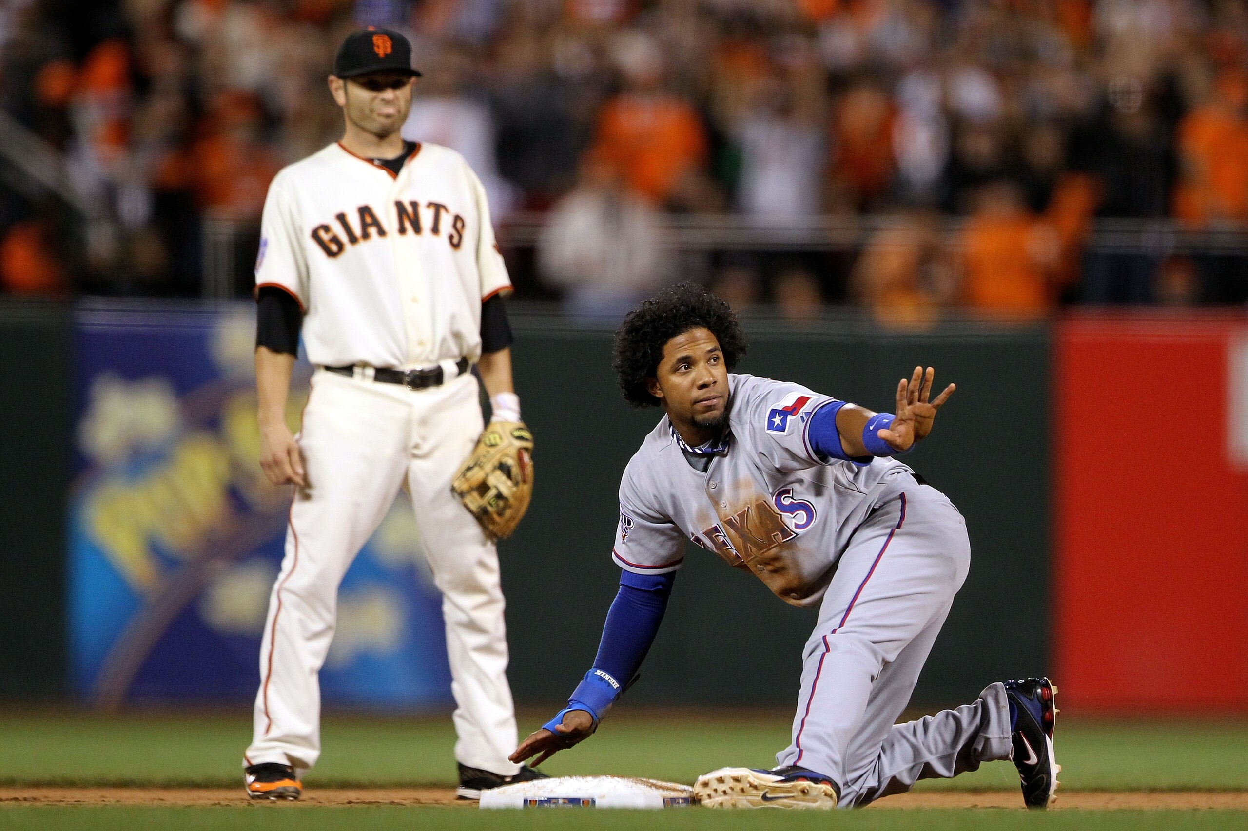 SAN FRANCISCO - OCTOBER 28:  Elvis Andrus #1 of the Texas Rangers calls time after he steals second base while taking on the San Francisco Giants in the eighth inning of Game Two of the 2010 MLB World Series at AT&T Park on October 28, 2010 in San Francis