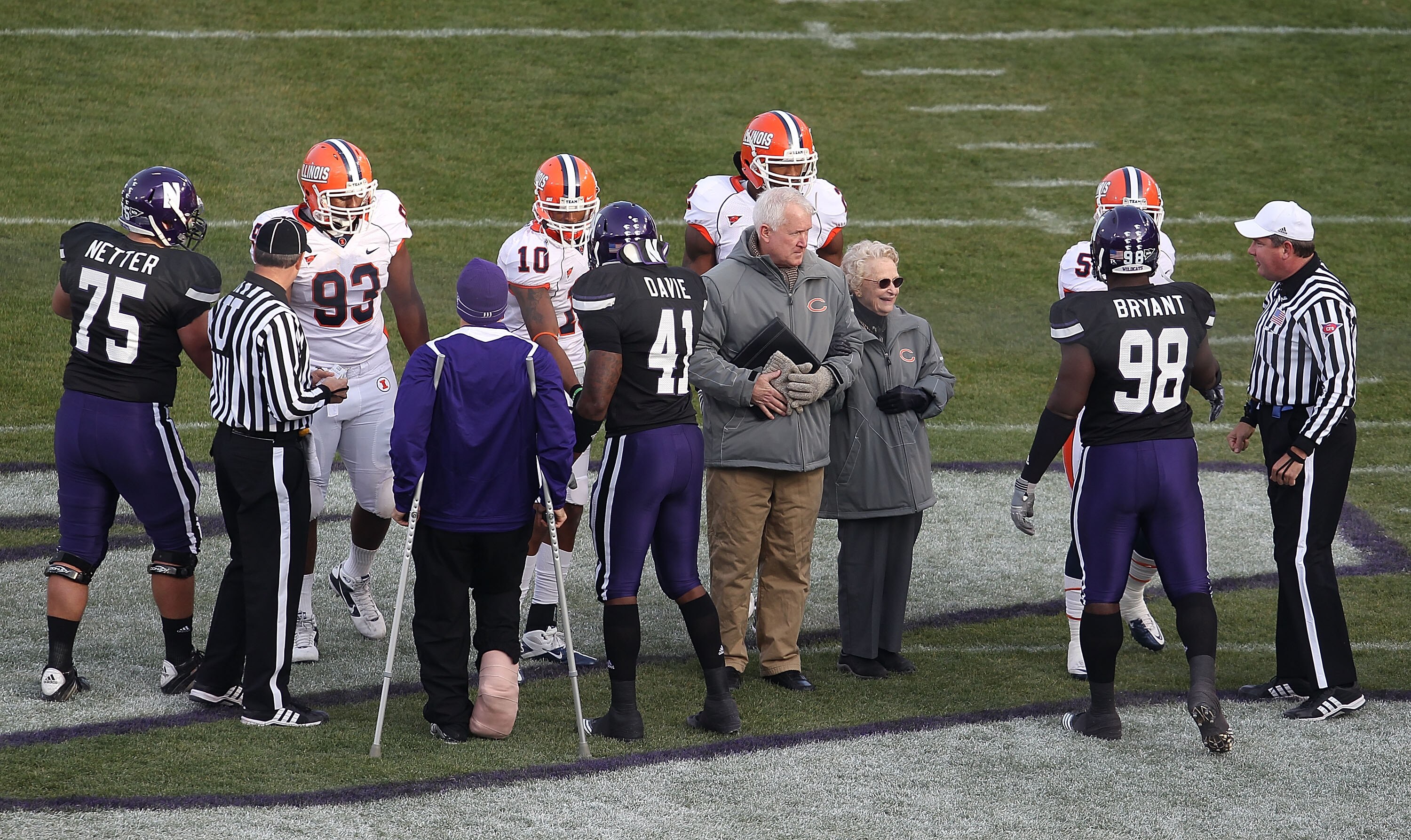 CHICAGO - NOVEMBER 20: Virginia McCaskey, daughter of NFL founder George Halas and an owner of the Chicago Bears, joined by son Pat, participates in the coin toss before a game between the Northwestern Wildcats and the Illinois Fighting Illini played at W