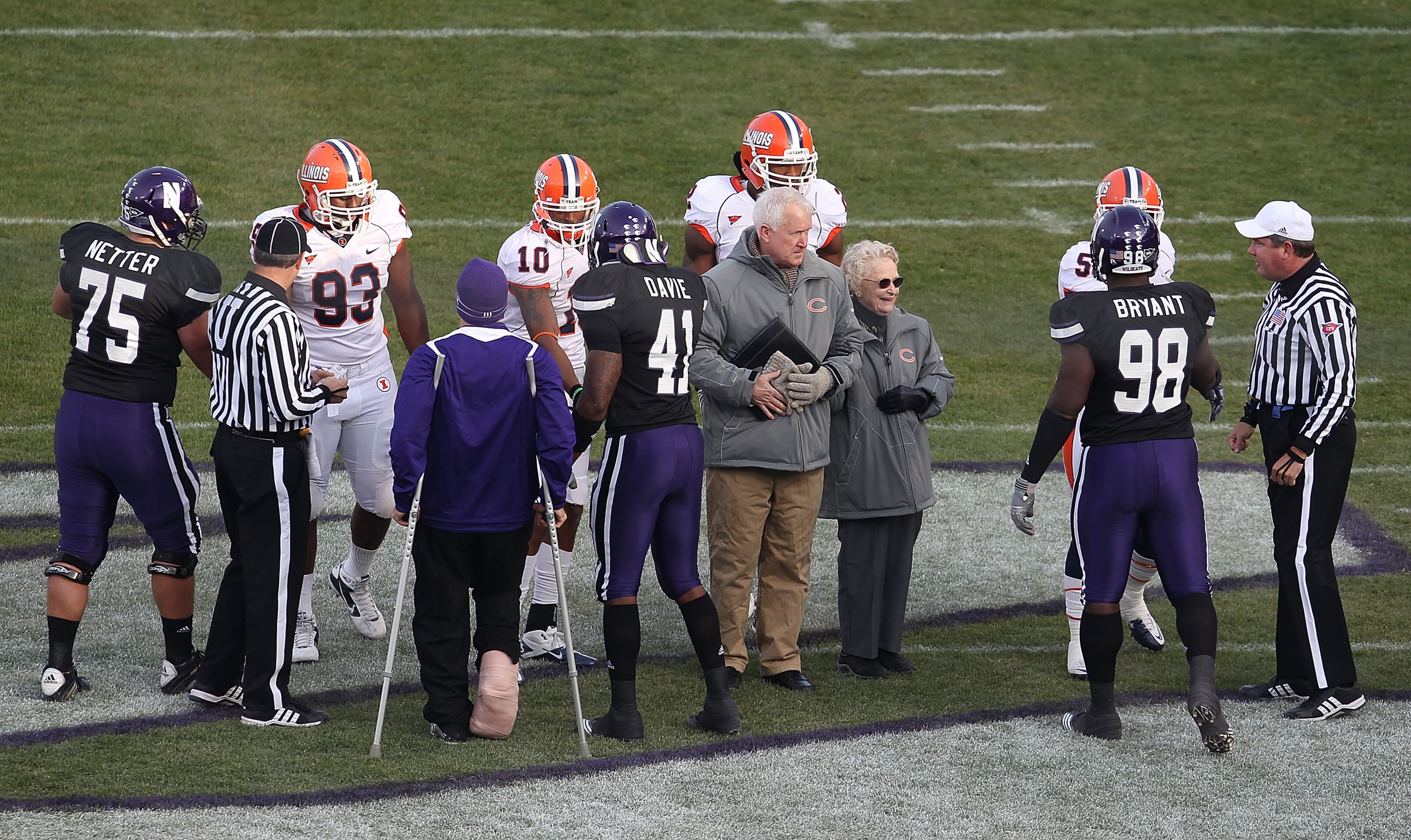 CHICAGO - NOVEMBER 20: Virginia McCaskey, daughter of NFL founder George Halas and an owner of the Chicago Bears, joined by son Pat, participates in the coin toss before a game between the Northwestern Wildcats and the Illinois Fighting Illini played at W