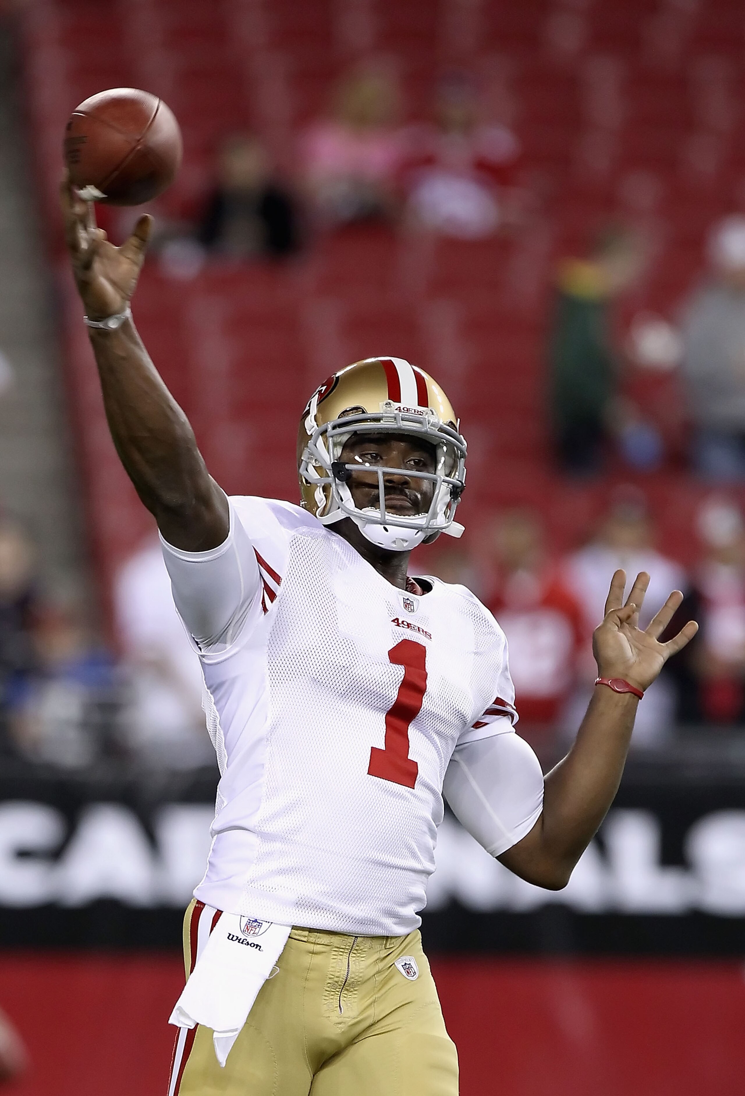 GLENDALE, AZ - NOVEMBER 29:  Quarterback Troy Smith #1 of the San Francisco 49ers warms up before the NFL game against the Arizona Cardinals at the University of Phoenix Stadium on November 29, 2010 in Glendale, Arizona. The 49ers defeated the Cardinals 2