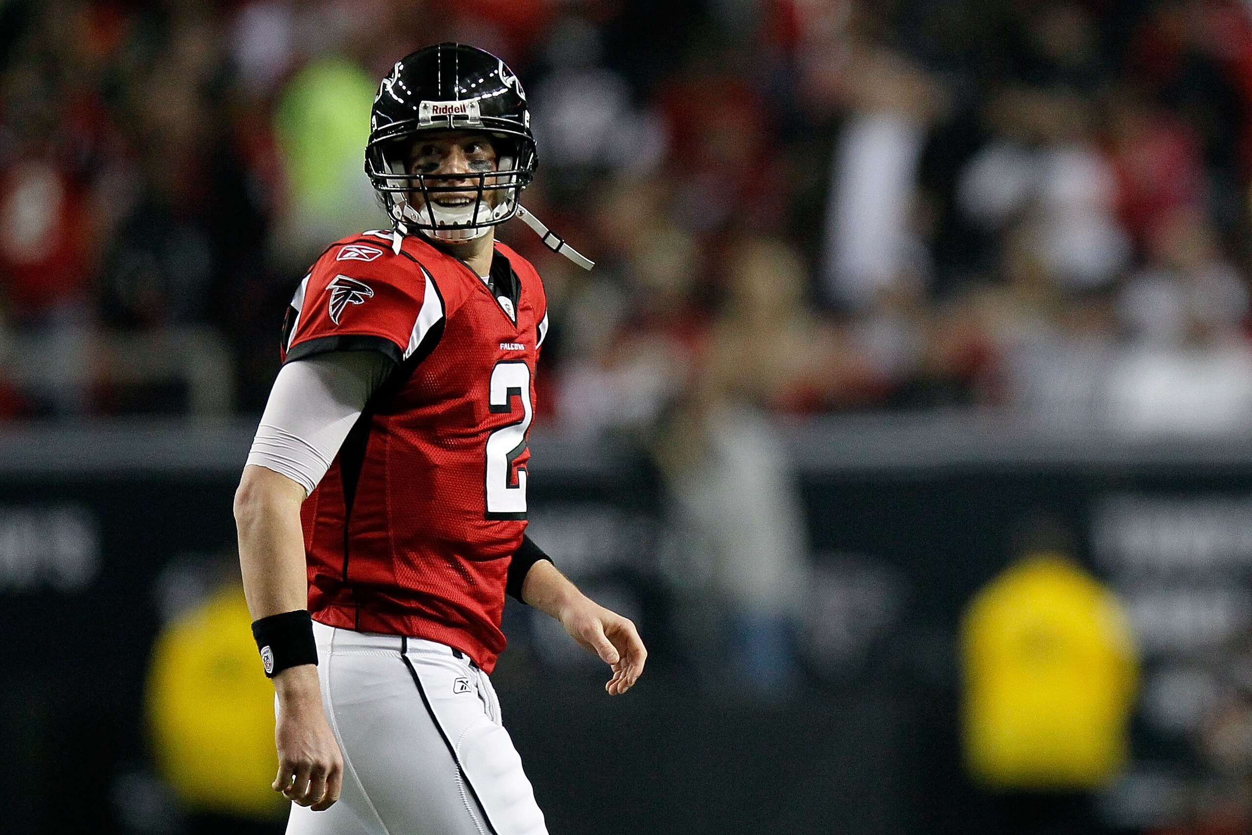 ATLANTA, GA - JANUARY 15:  Quarterback Matt Ryan #2 of the Atlanta Falcons looks on as he walks to the sideline against the Green Bay Packers during their 2011 NFC divisional playoff game at Georgia Dome on January 15, 2011 in Atlanta, Georgia. The Packer