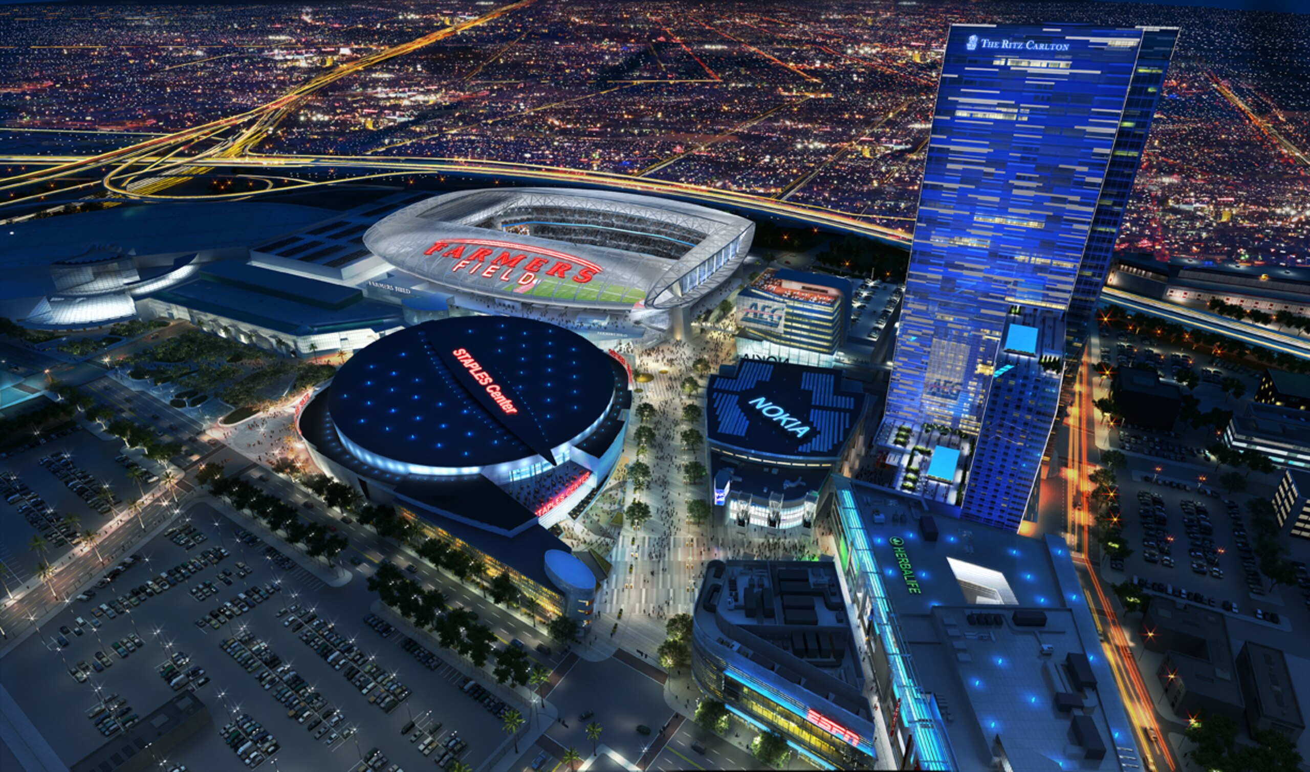 UNDATED: In this rendering released by AEG, the proposed football stadium to house a NFL team in Los Angeles, California is seen. It was announced February 1, 2011 that AEG has sold the naming rights for the proposed stadium to Farmers Insurance Group for