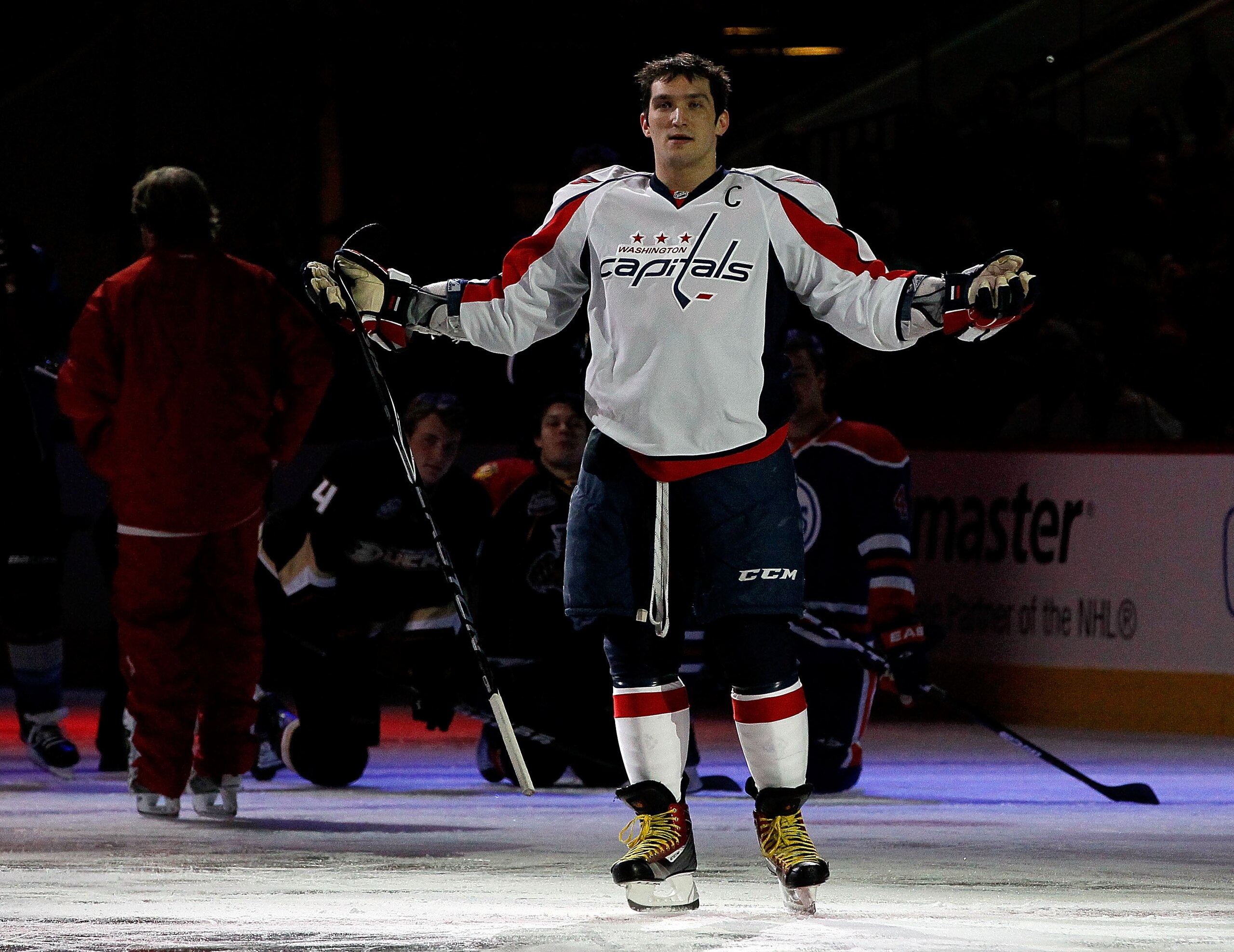 RALEIGH, NC - JANUARY 29:  Alexander Ovechkin #8 of the Washington Capitals reacts during the hardest shot part of the Honda NHL SuperSkills competition part of 2011 NHL All-Star Weekend at the RBC Center on January 29, 2011 in Raleigh, North Carolina.  (