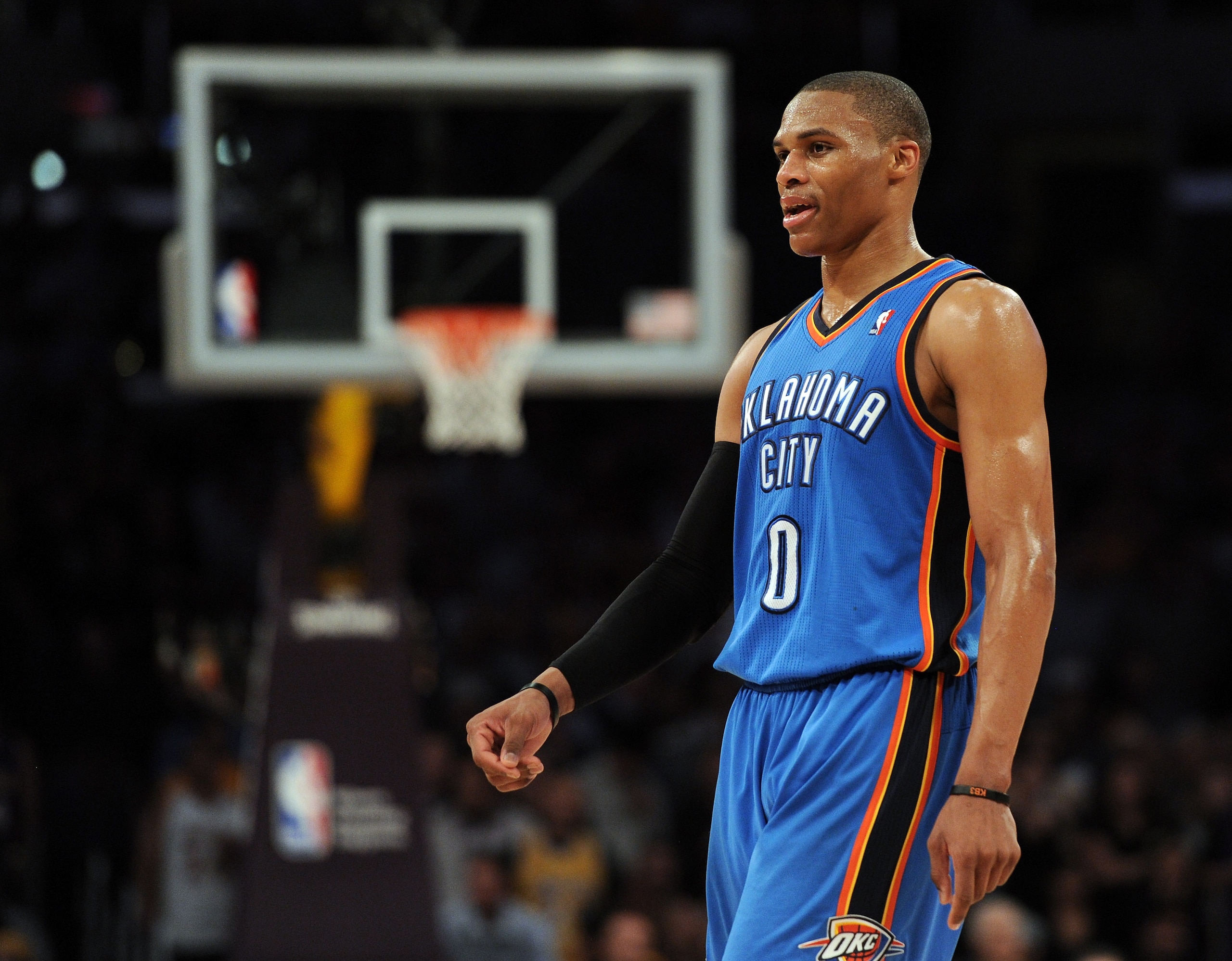 LOS ANGELES, CA - JANUARY 17:  Russell Westbrook #0 of the Oklahoma City Thunder waits for playduring the game between the Los Angeles Lakers at the Staples Center on January 17, 2011 in Los Angeles, California.   NOTE TO USER: User expressly acknowledges