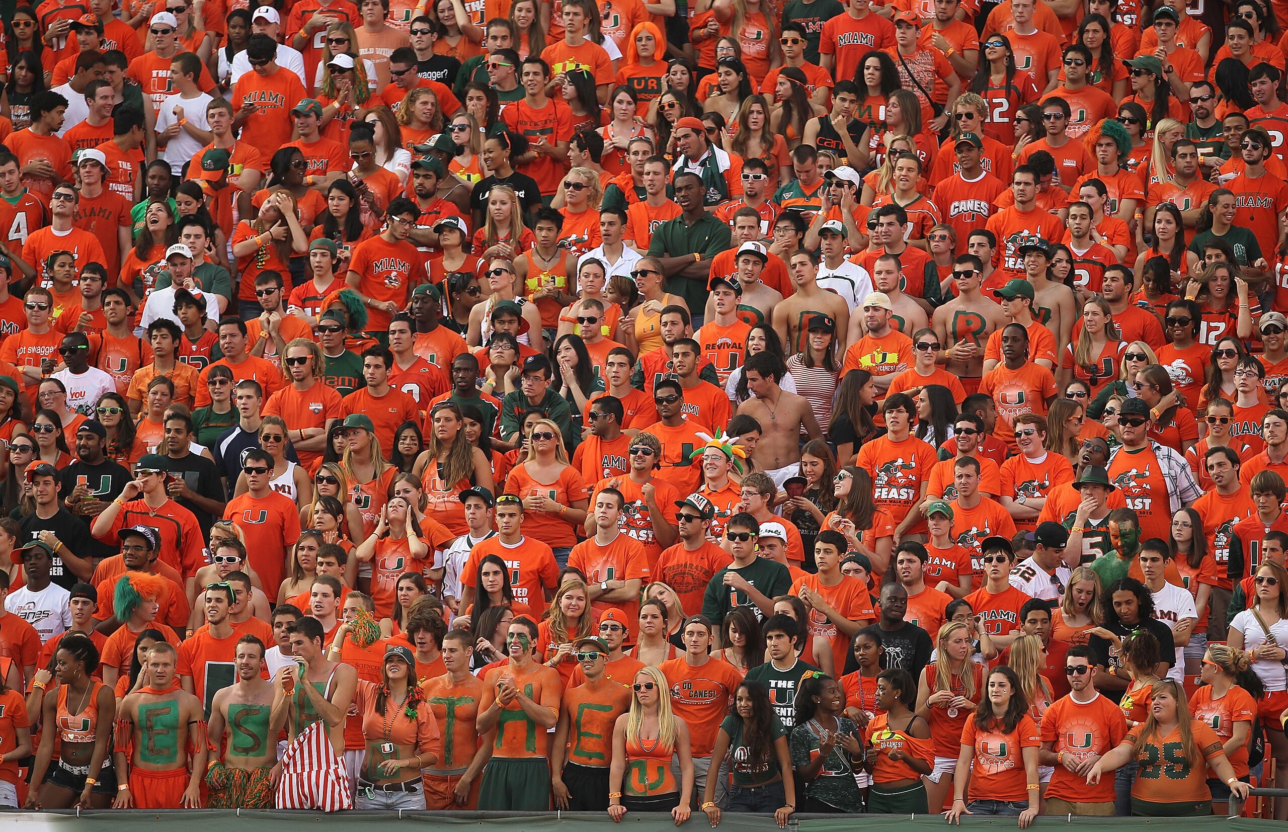 MIAMI - NOVEMBER 20:  The Miami Hurricanes student section cheers during a game against the Virginia Tech Hokies at Sun Life Stadium on November 20, 2010 in Miami, Florida.  (Photo by Mike Ehrmann/Getty Images)