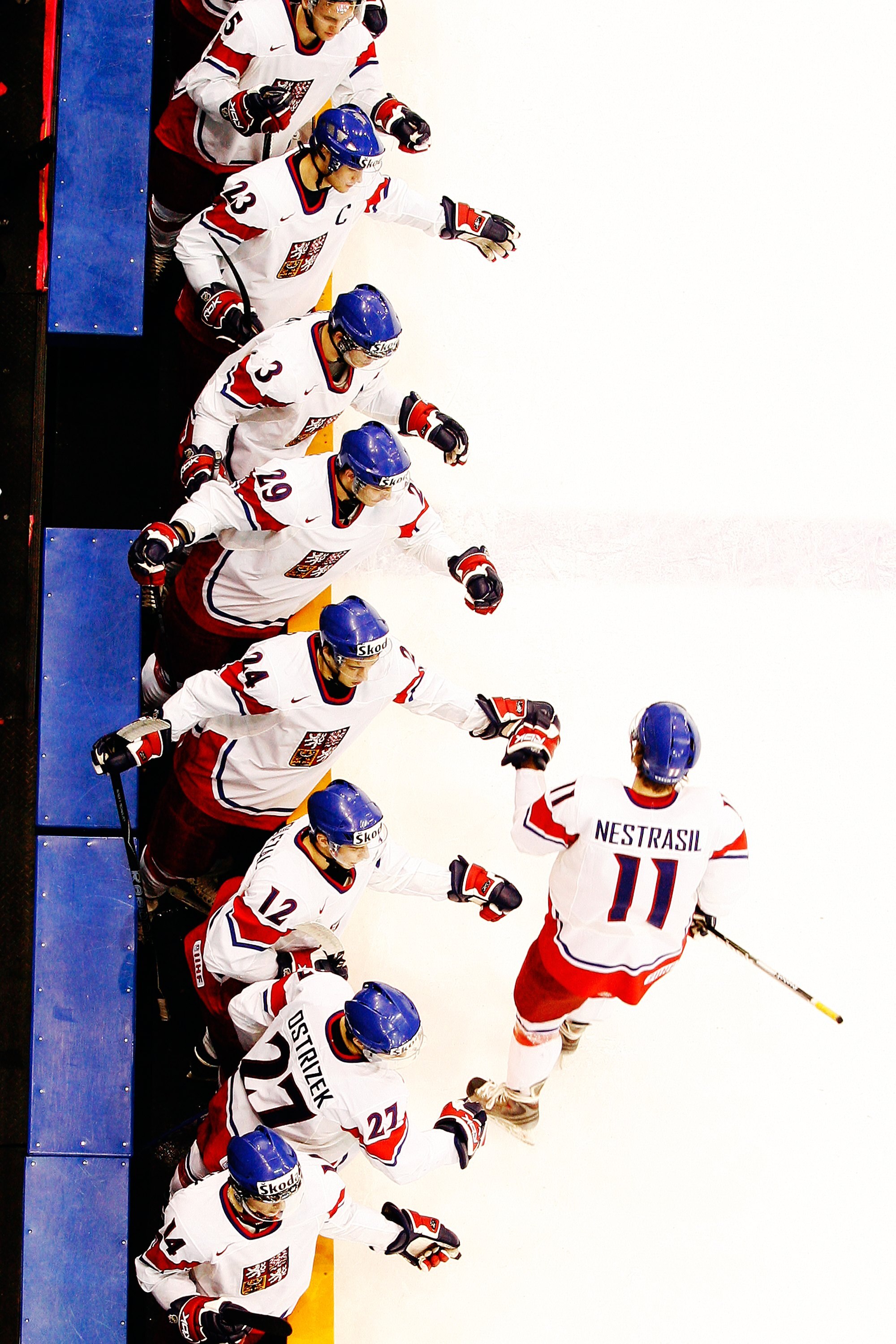 SASKATOON, SK - JANUARY 4:  Andrej Nestrasil #11 of Team Czech Republic celebrates a goal with team mates during the 2010 IIHF World Junior Championship Tournament Relegation game against Team Slovakia on January 4, 2010 at the Credit Union Centre in Sask