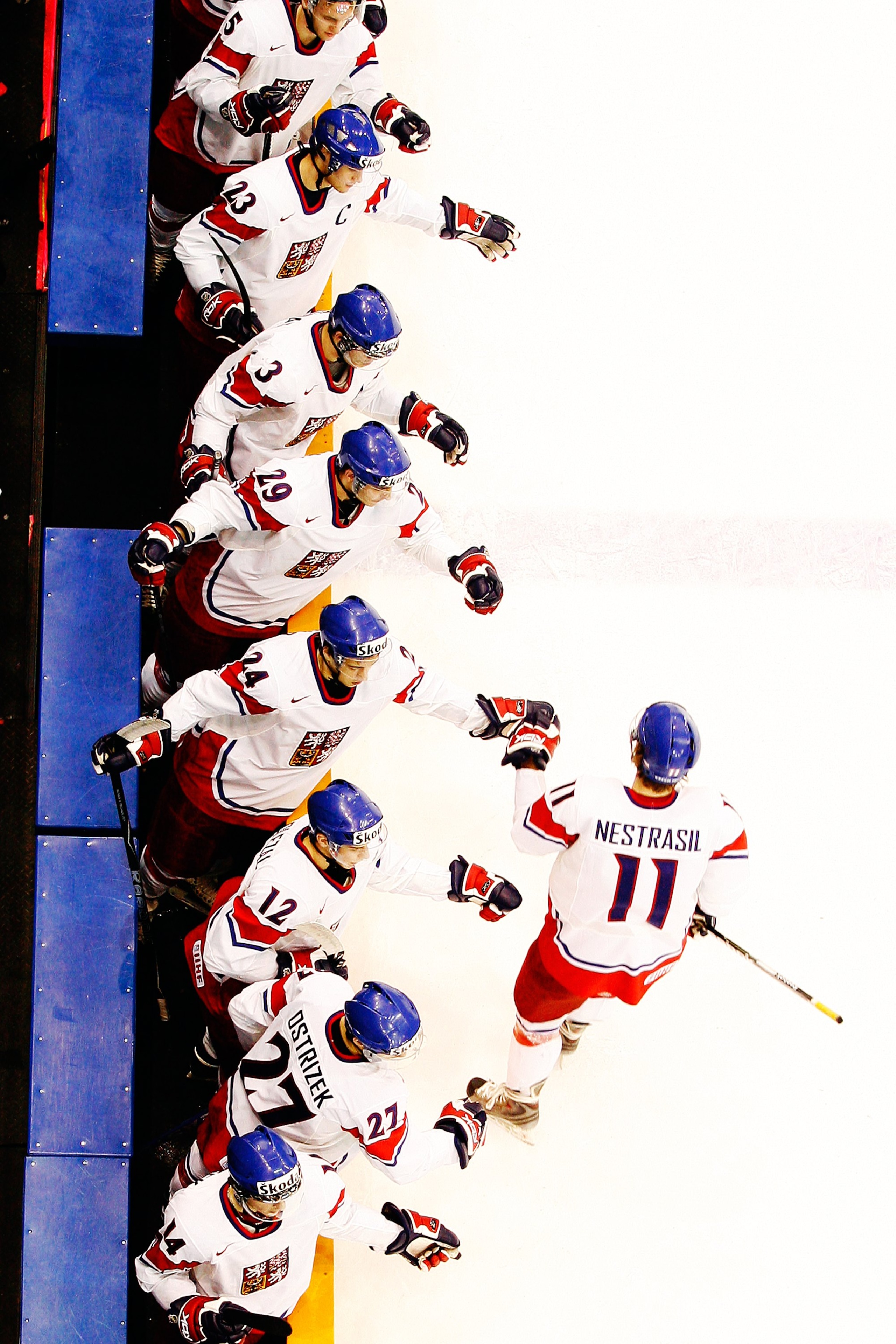 SASKATOON, SK - JANUARY 4:  Andrej Nestrasil #11 of Team Czech Republic celebrates a goal with team mates during the 2010 IIHF World Junior Championship Tournament Relegation game against Team Slovakia on January 4, 2010 at the Credit Union Centre in Sask