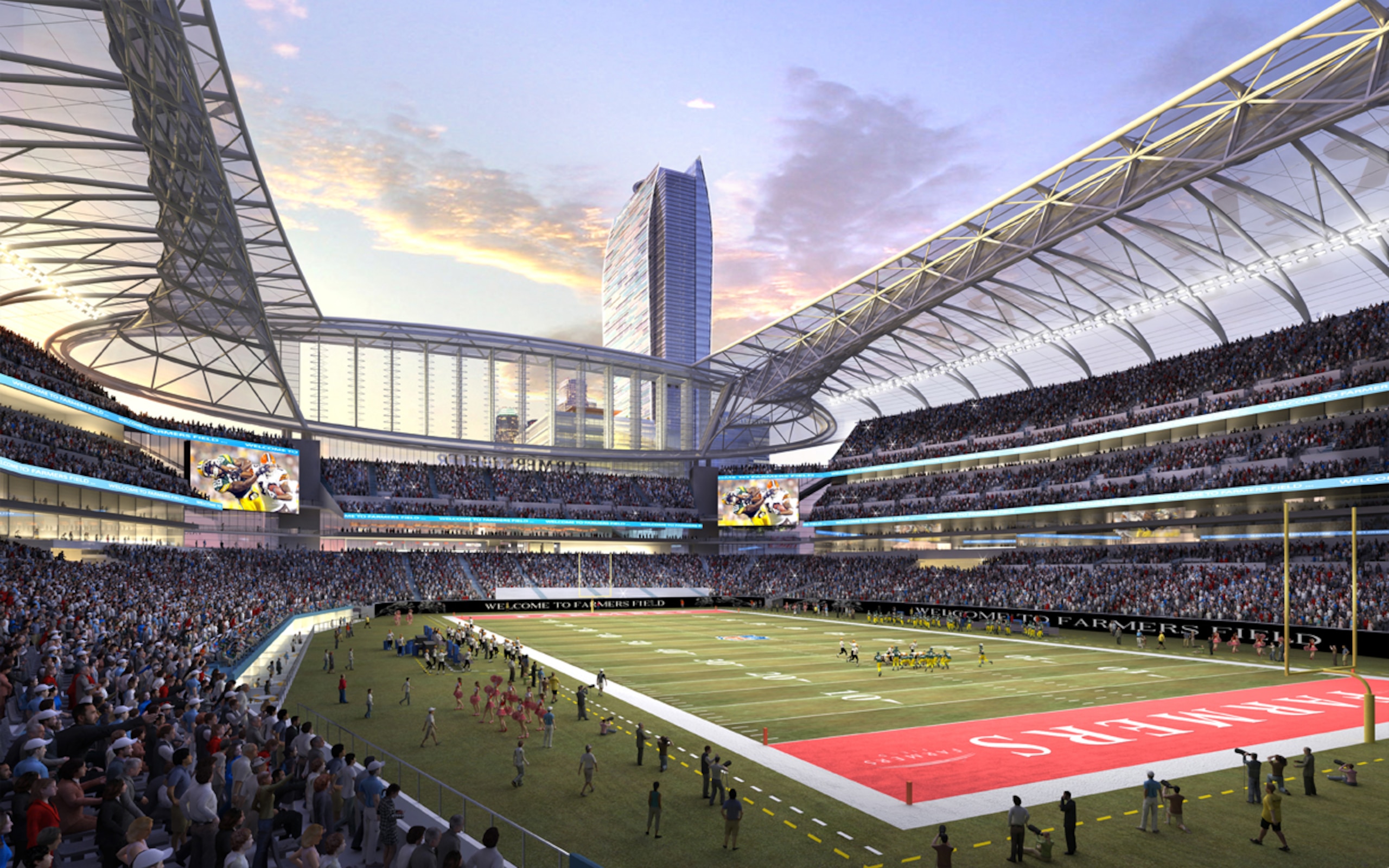 UNDATED: In this rendering released by AEG, the proposed football stadium to house a NFL team in Los Angeles, California is seen. It was announced February 1, 2011 that AEG has sold the naming rights for the proposed stadium to Farmers Insurance Group for