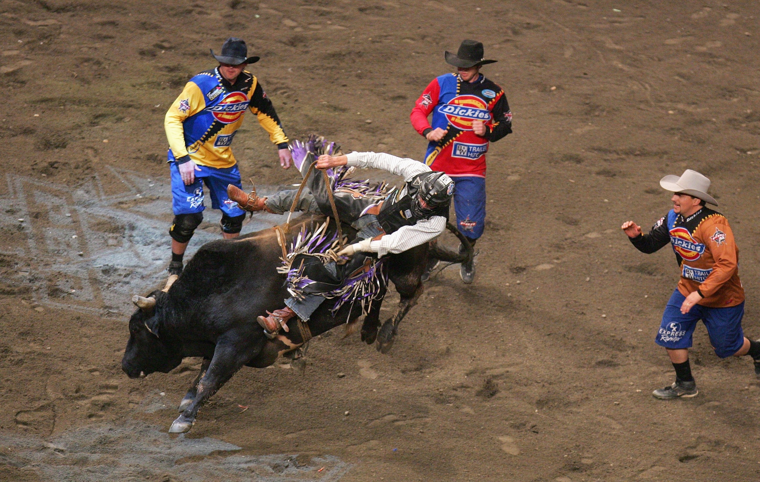 NEW YORK - JANUARY 07: J.B. Mauney is throw from his bull during the Versus Invitational Professional Bull Riding (PBR) Tournament on January 7, 2007 at Madison Square Garden in New York City. (Photo by Al Bello/Getty Images)