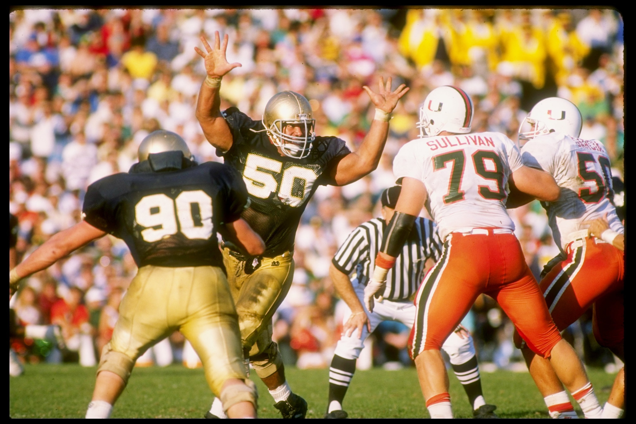 15 Oct 1988:  Nose tackle Chris Zorich of the Notre Dame Fighting Irish puts the pressure on during a game against the Miami Hurricanes at Notre Dame Stadium in South Bend, Indiana.  Notre Dame won the game 31-30. Mandatory Credit: Jonathan Daniel  /Allsp