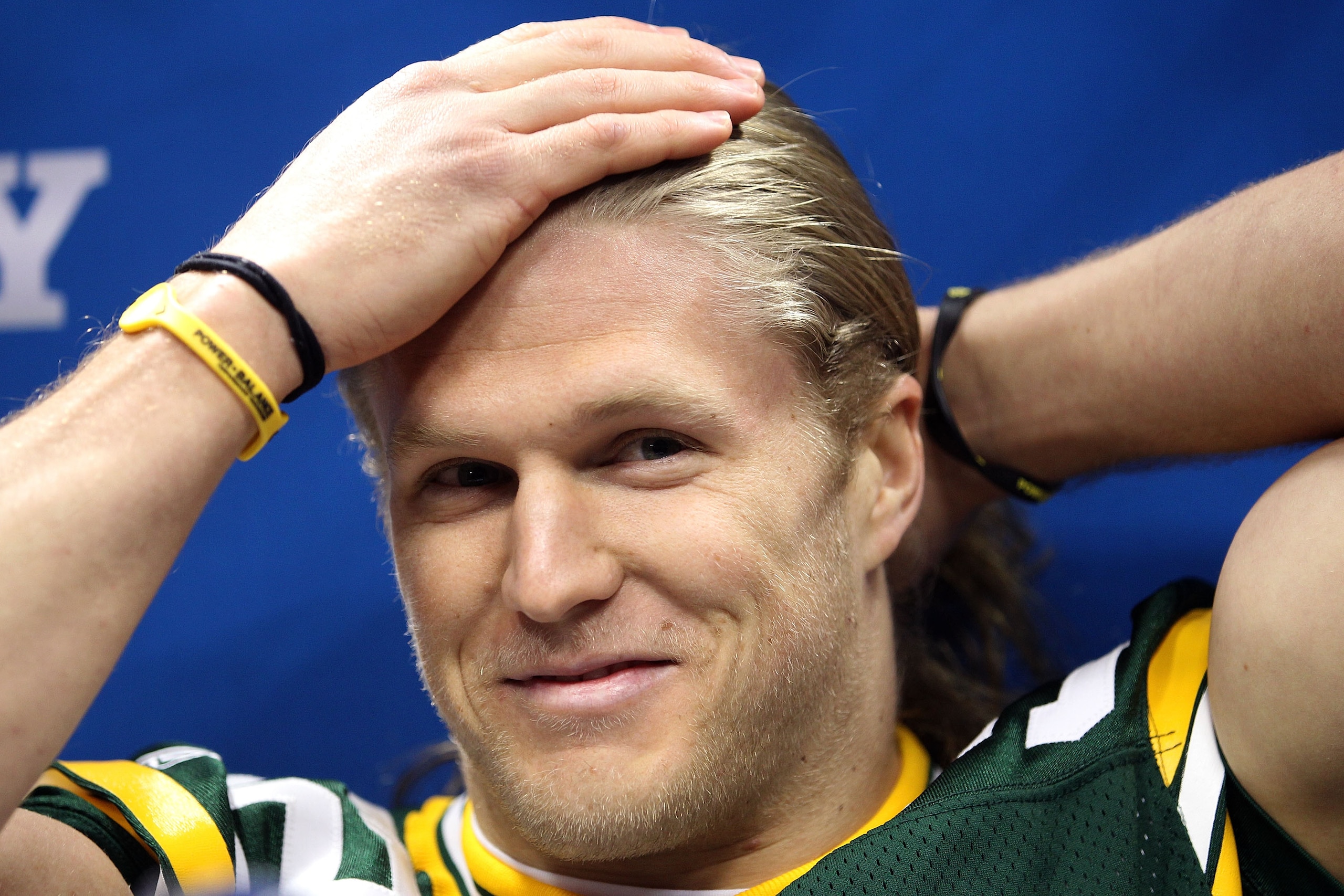 ARLINGTON, TX - FEBRUARY 01:  Clay Matthews #52 of the Green Bay Packers addresses the media during Super Bowl XLV Media Day ahead of Super Bowl XLV at Cowboys Stadium on February 1, 2011 in Arlington, Texas. The Pittsburgh Steelers will play the Green Ba