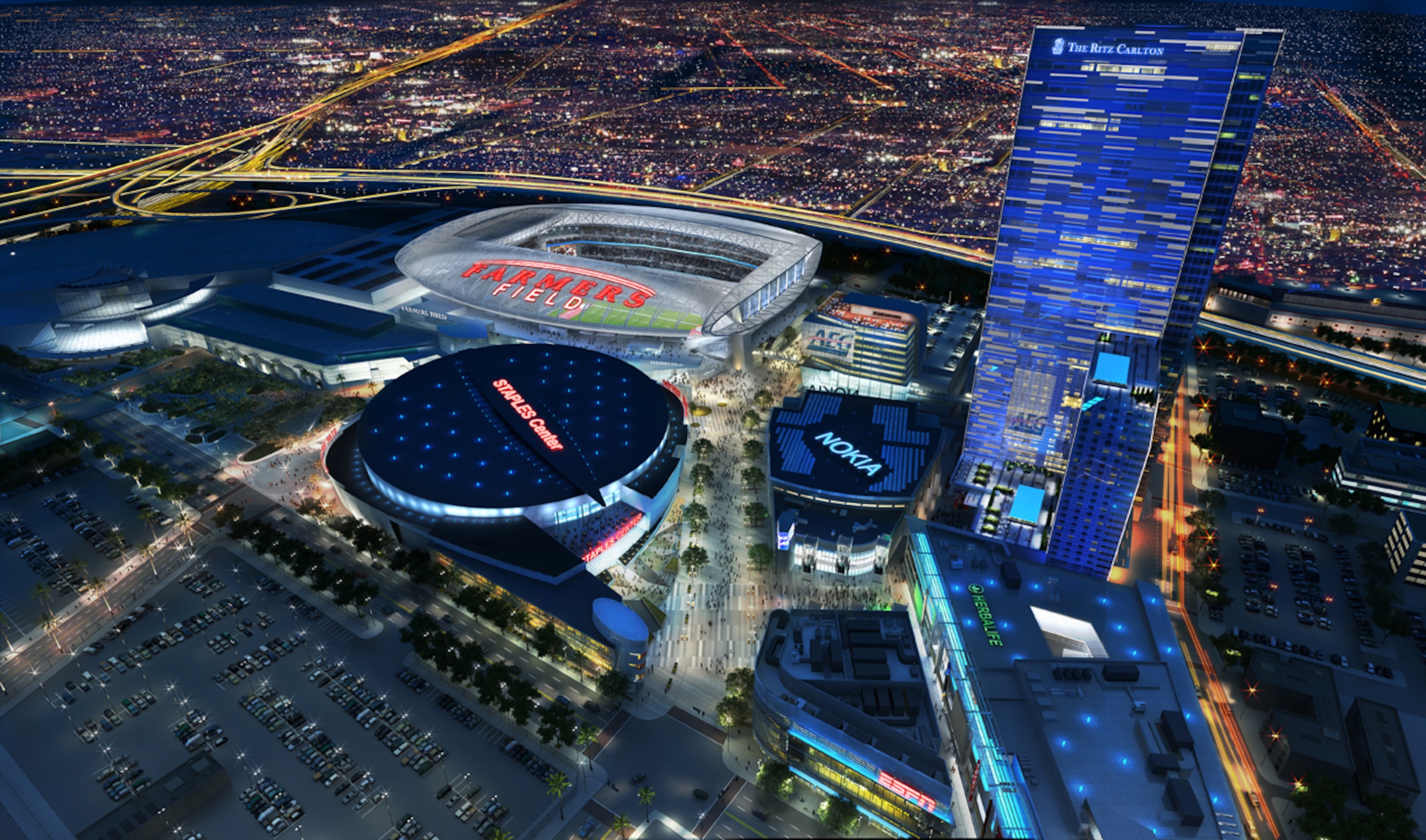 UNDATED: In this rendering released by AEG, the proposed football stadium to house a NFL team in Los Angeles, California is seen. It was announced February 1, 2011 that AEG has sold the naming rights for the proposed stadium to Farmers Insurance Group for